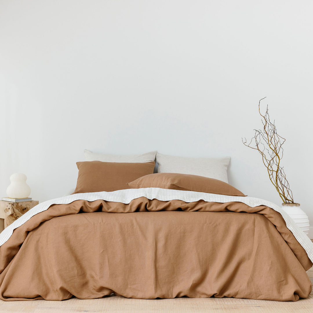 Foxtrot Home French Flax Linen bedroom styled with Sand Stripes Sheet Set