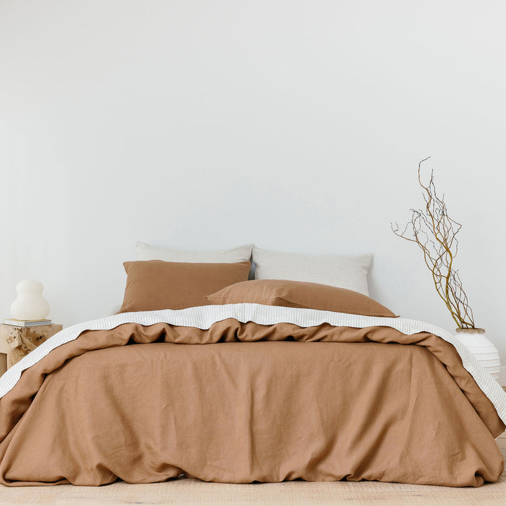 Foxtrot Home French Flax Linen bedroom styled with Sand Stripes Sheet Set