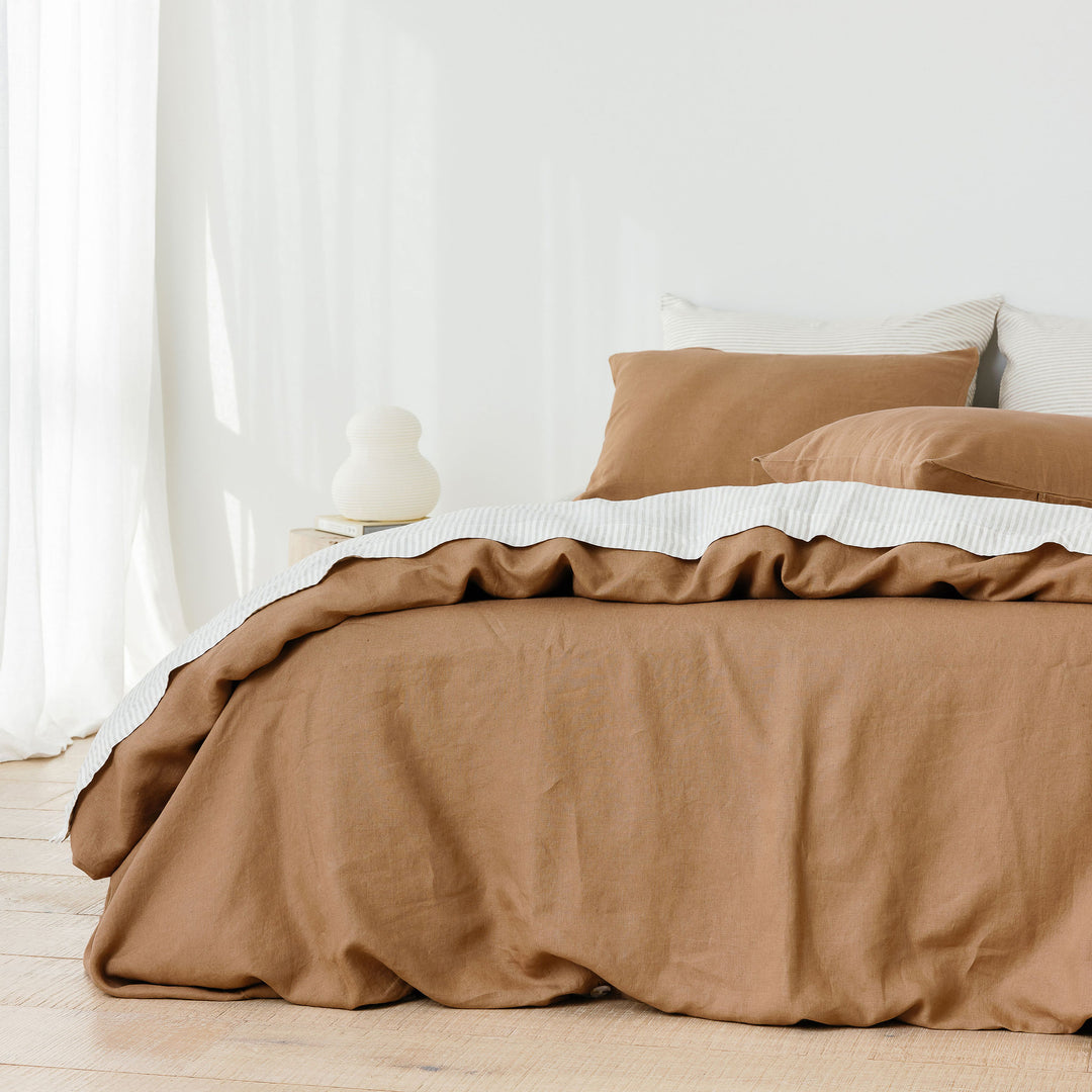 Foxtrot Home French Flax Linen styled with a Malt Brown Duvet