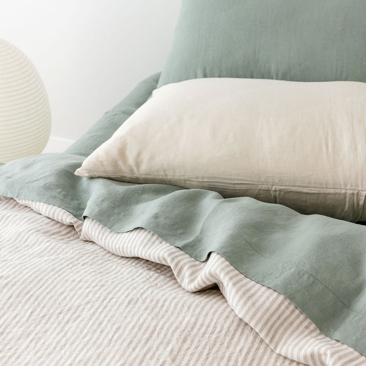 Foxtrot Home French Flax Linen bedroom styled with Sand Stripes Duvet