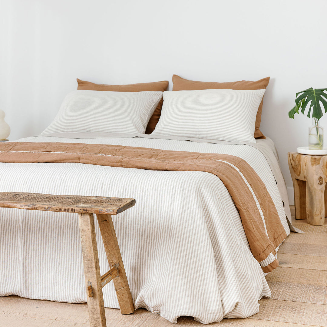 Foxtrot Home French Flax Linen bedroom styled with Sand Stripes Duvet