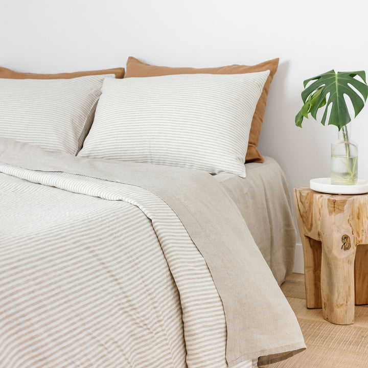 Foxtrot Home French Flax Linen bedroom styled with Sand Stripes Duvet