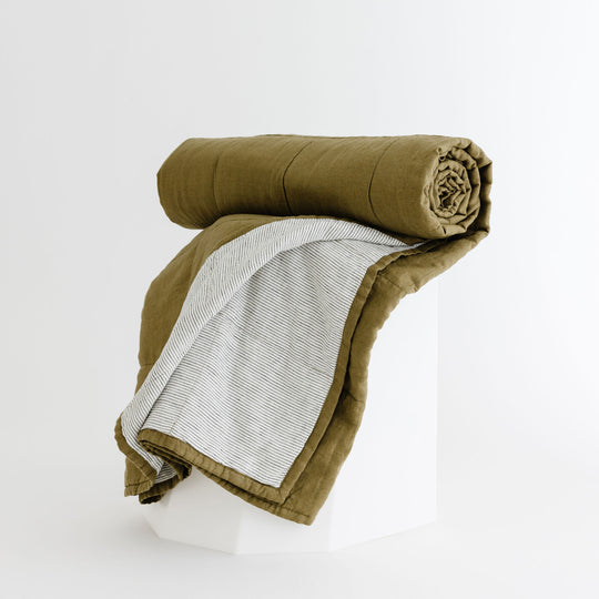 Olive Green & Pinstripes Linen Cot Quilt