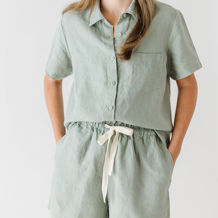 Foxtrot Home French Flax Linen Summer Pyjamas in Sage