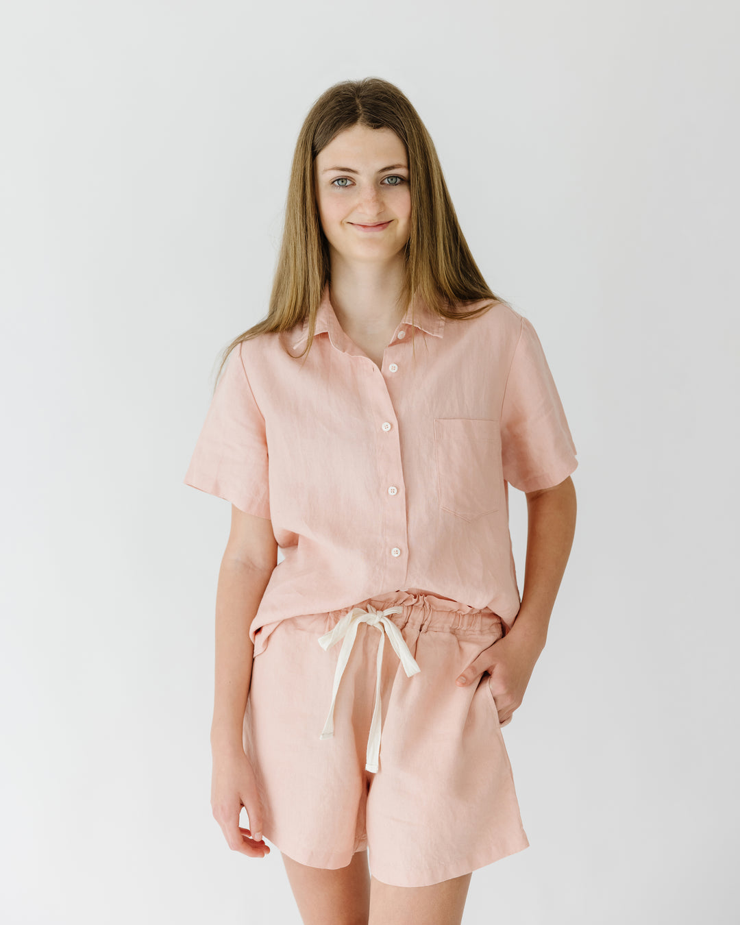 Foxtrot Home French Flax Linen Summer Pyjamas in Peach