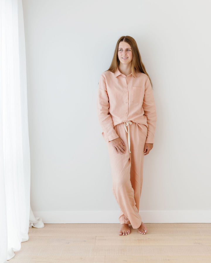 Foxtrot Home French Flax Linen Winter Pyjamas in Peach