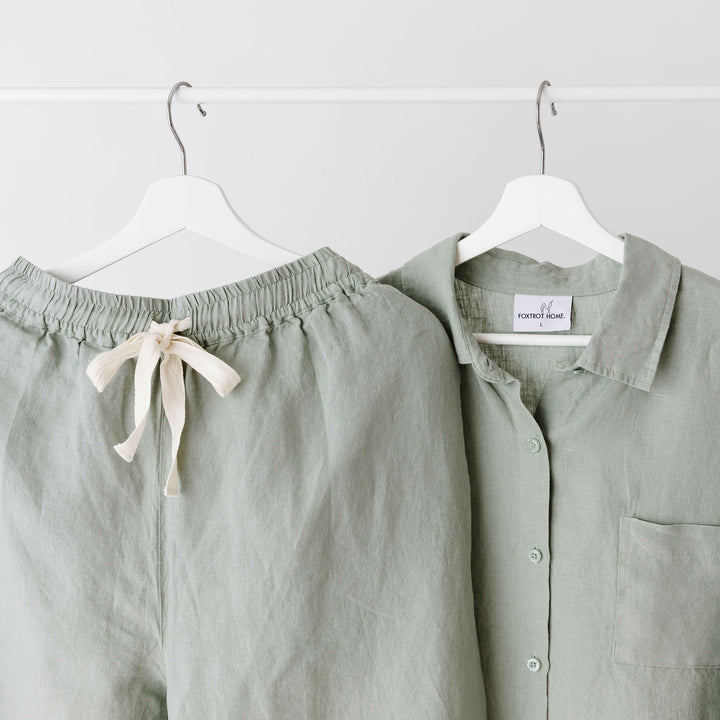 Foxtrot Home French Flax Linen Winter Pyjamas in Sage