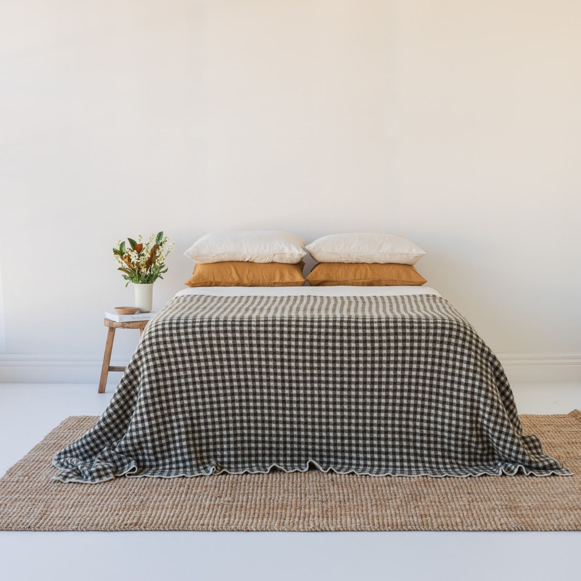 Olive Green Gingham Wool Throw Blanket