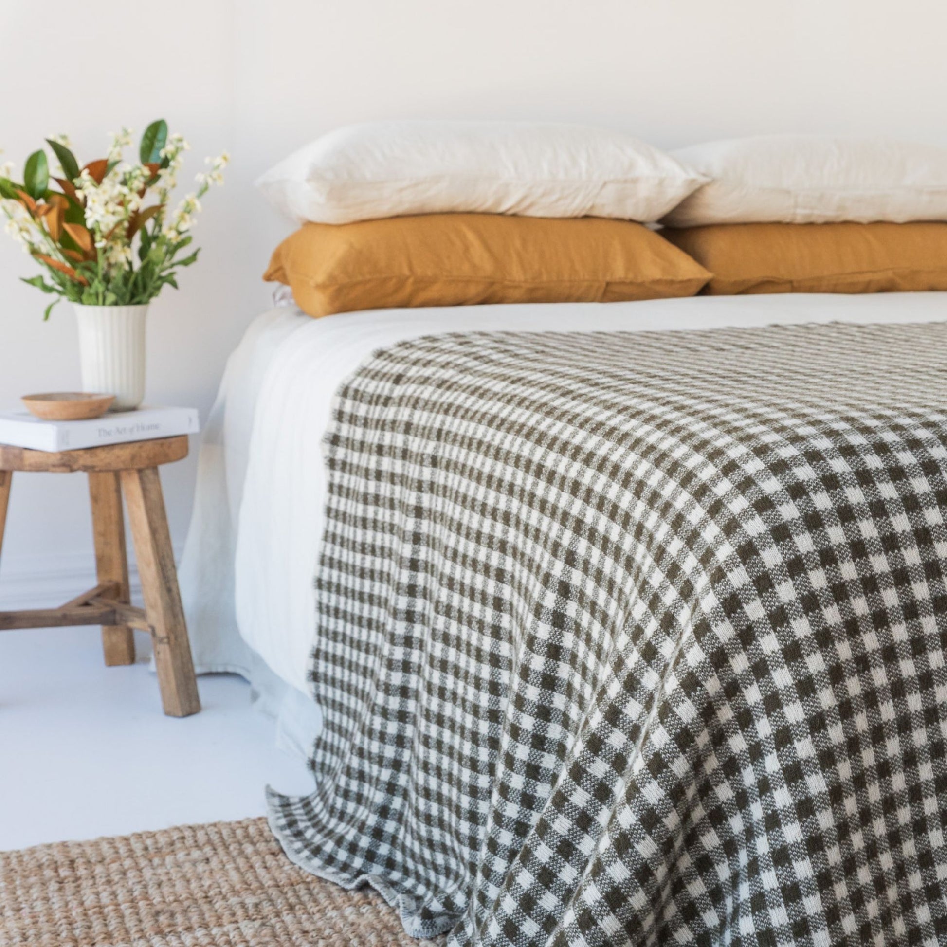 Olive Green Gingham Wool Throw Blanket