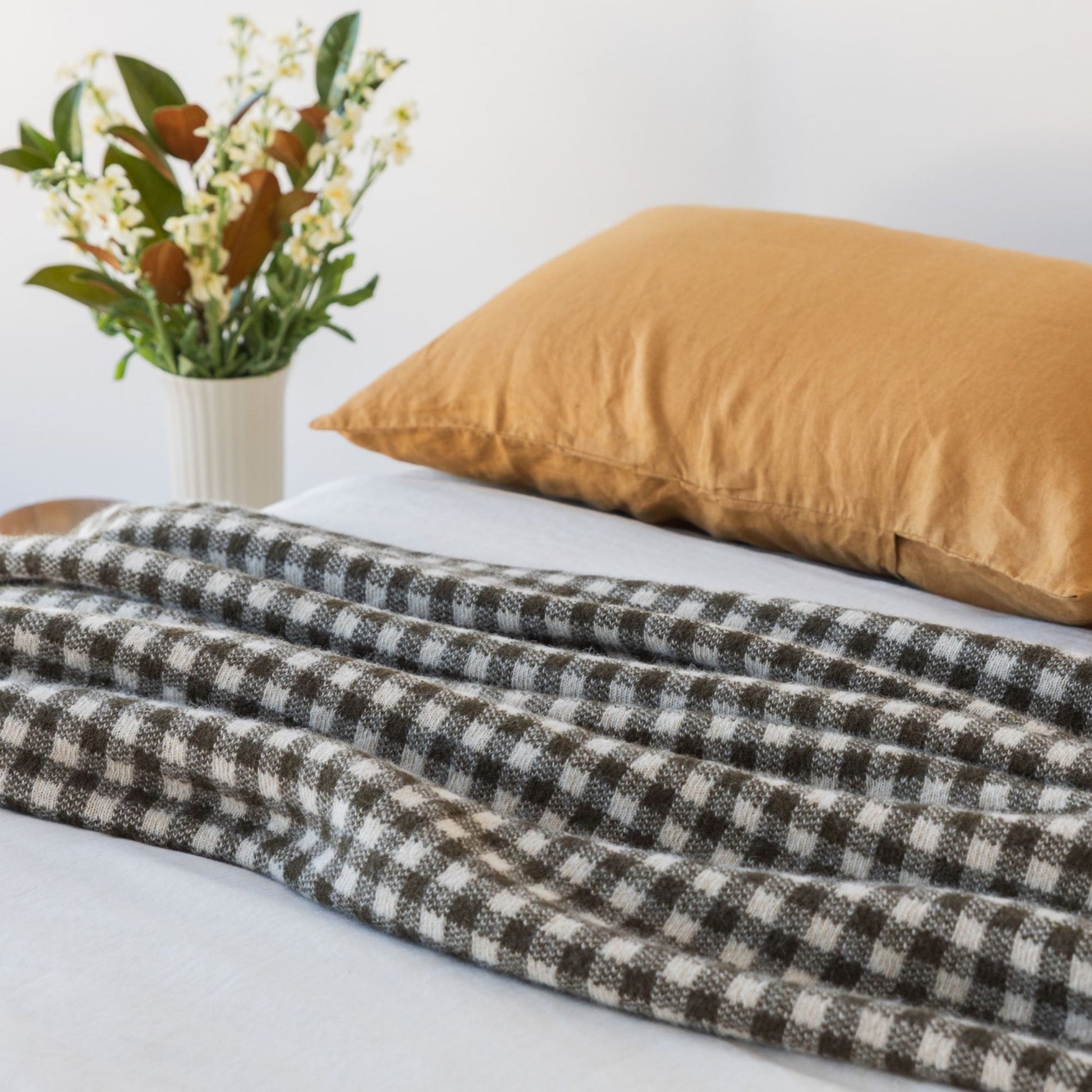Olive Green Gingham Wool Throw Blanket