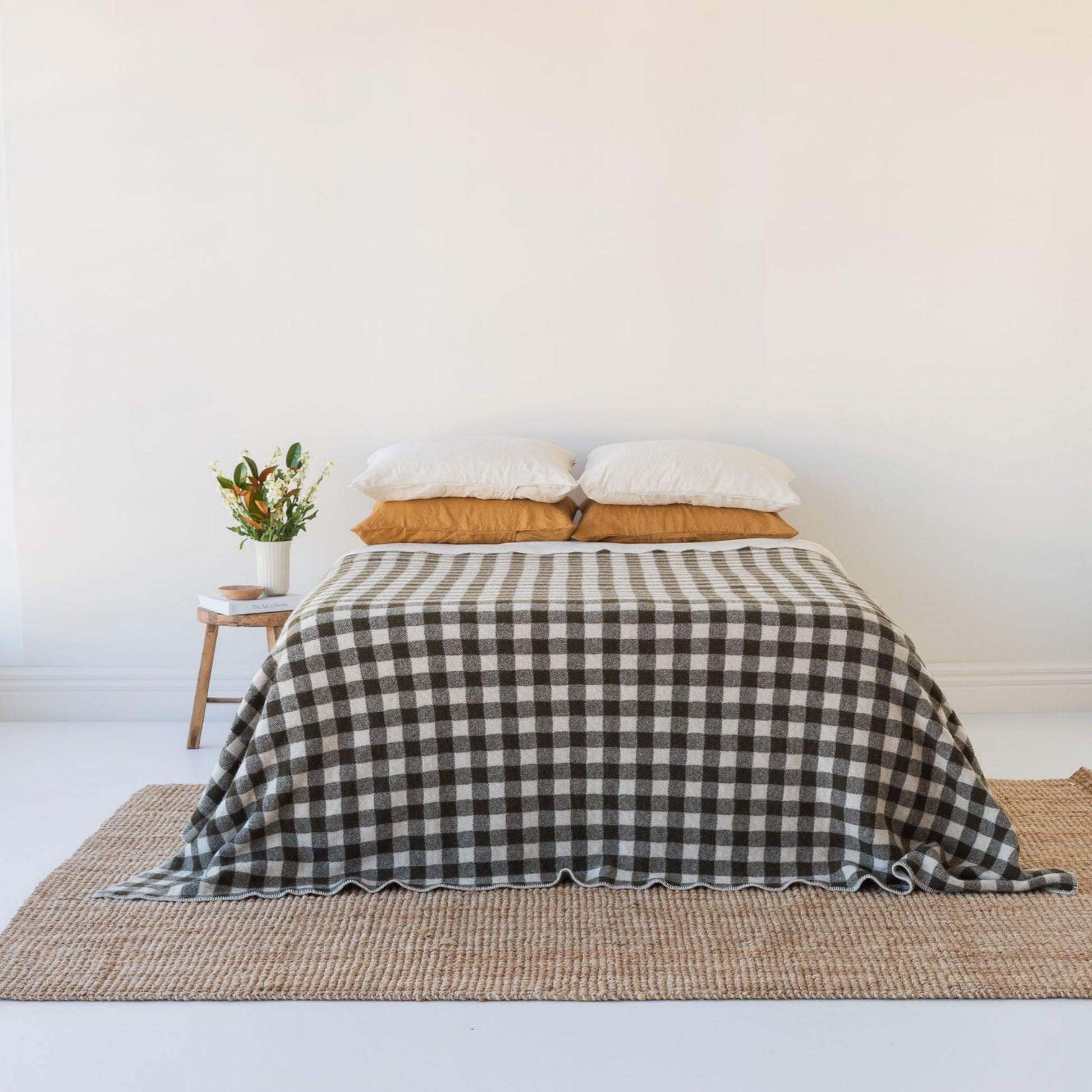 Olive Green Checks Wool Throw Blanket