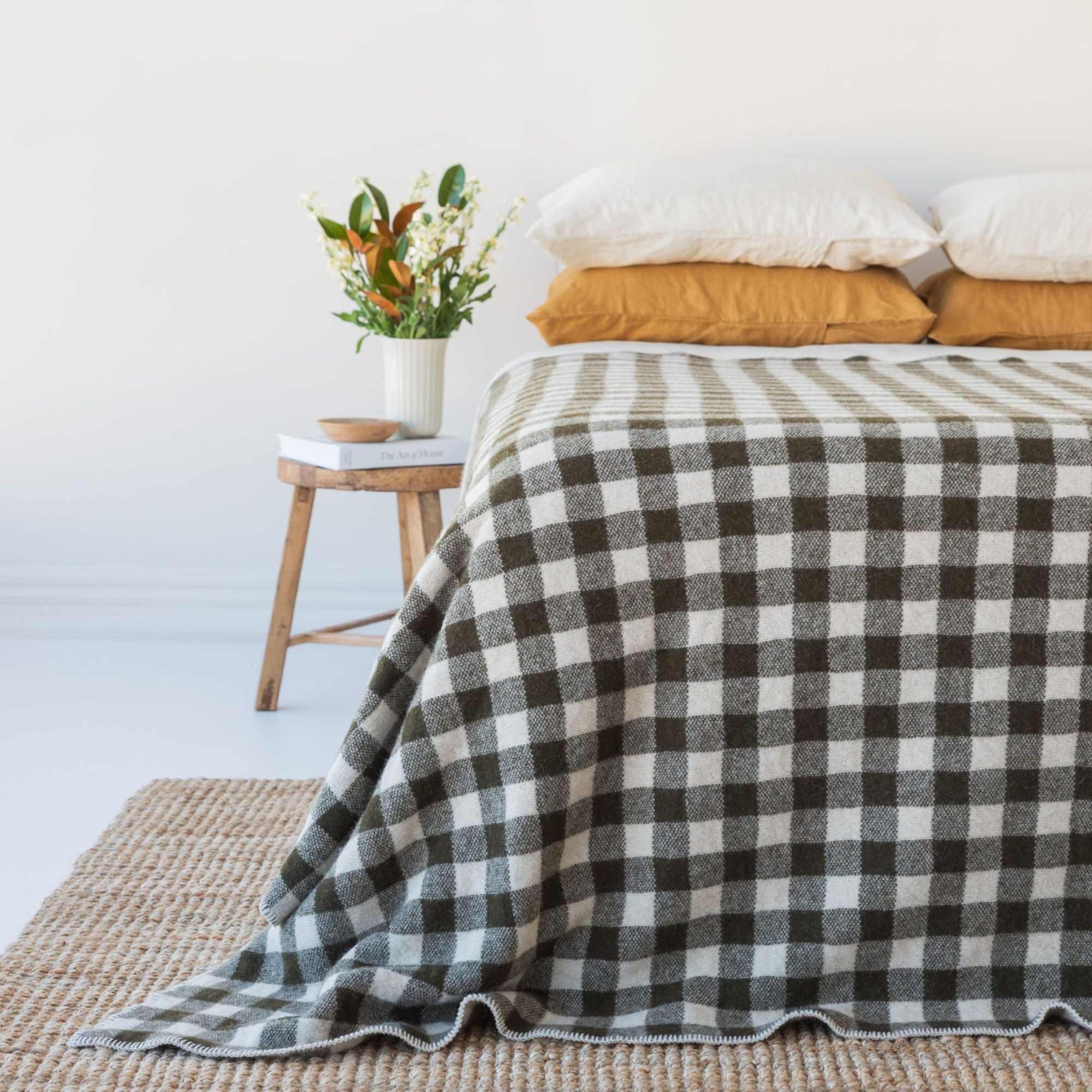 Olive Green Checks Wool Throw Blanket