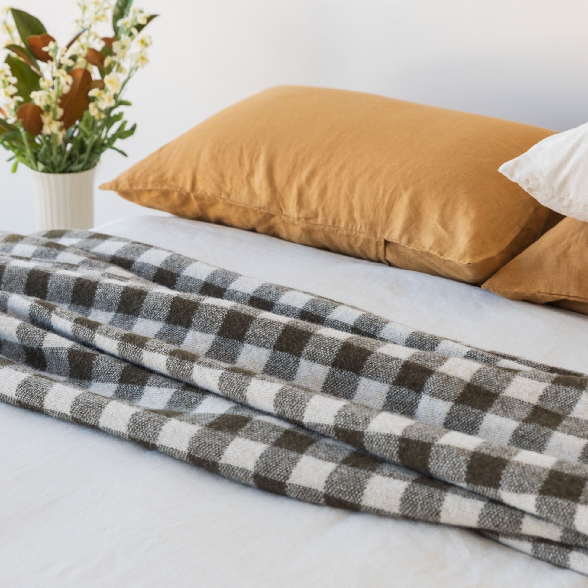 Olive Green Checks Wool Throw Blanket