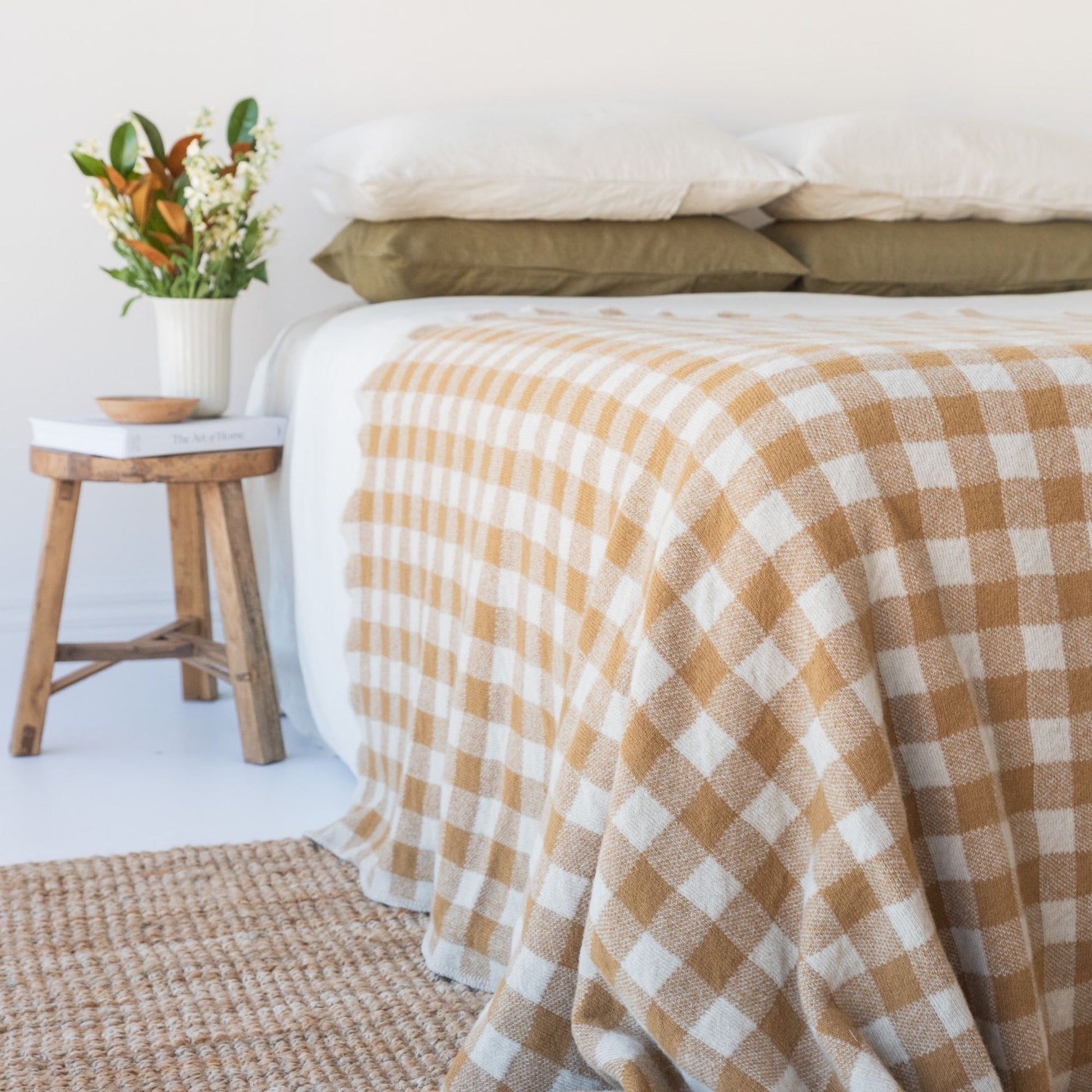 Ginger Honey Checks Wool Throw Blanket