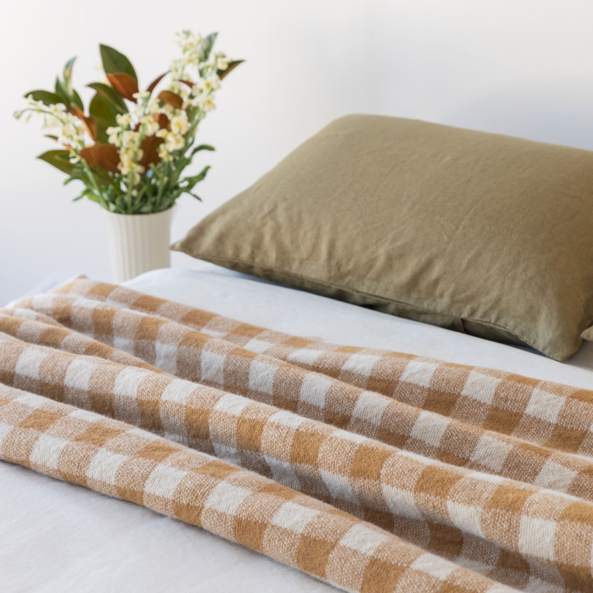Ginger Honey Checks Wool Throw Blanket