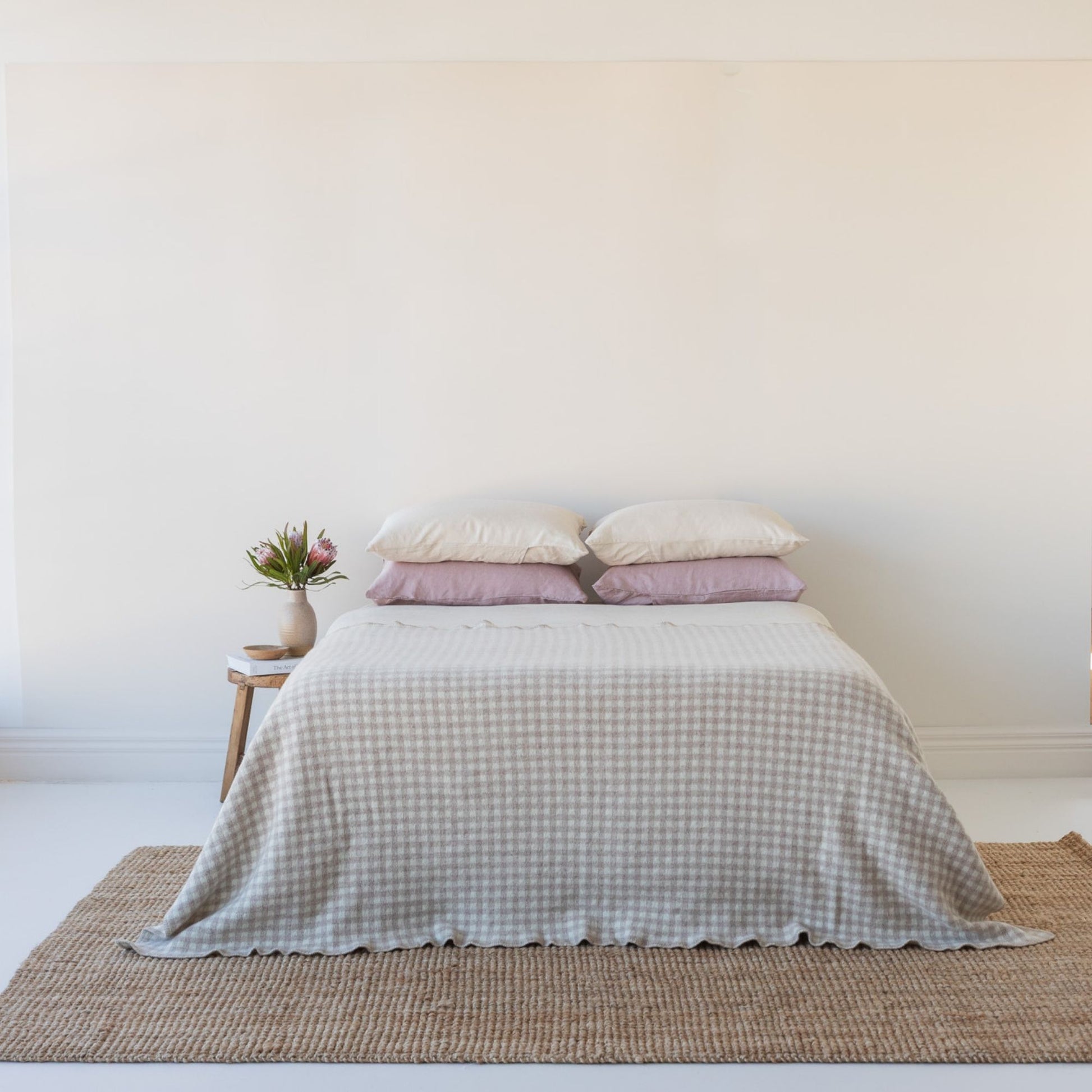 Sand Gingham Wool Throw Blanket