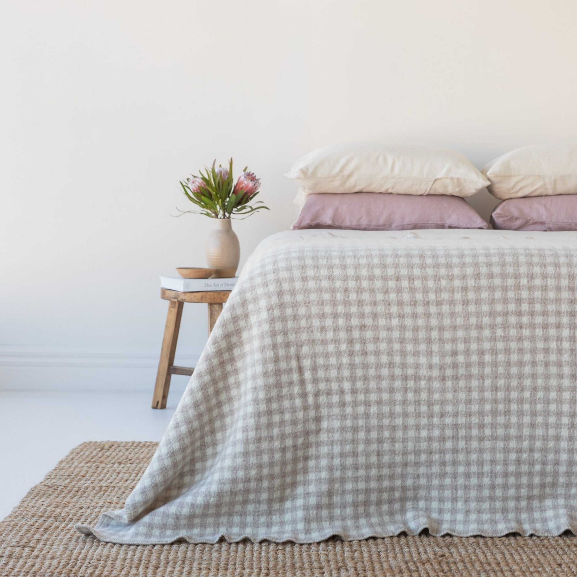 Sand Gingham Wool Throw Blanket