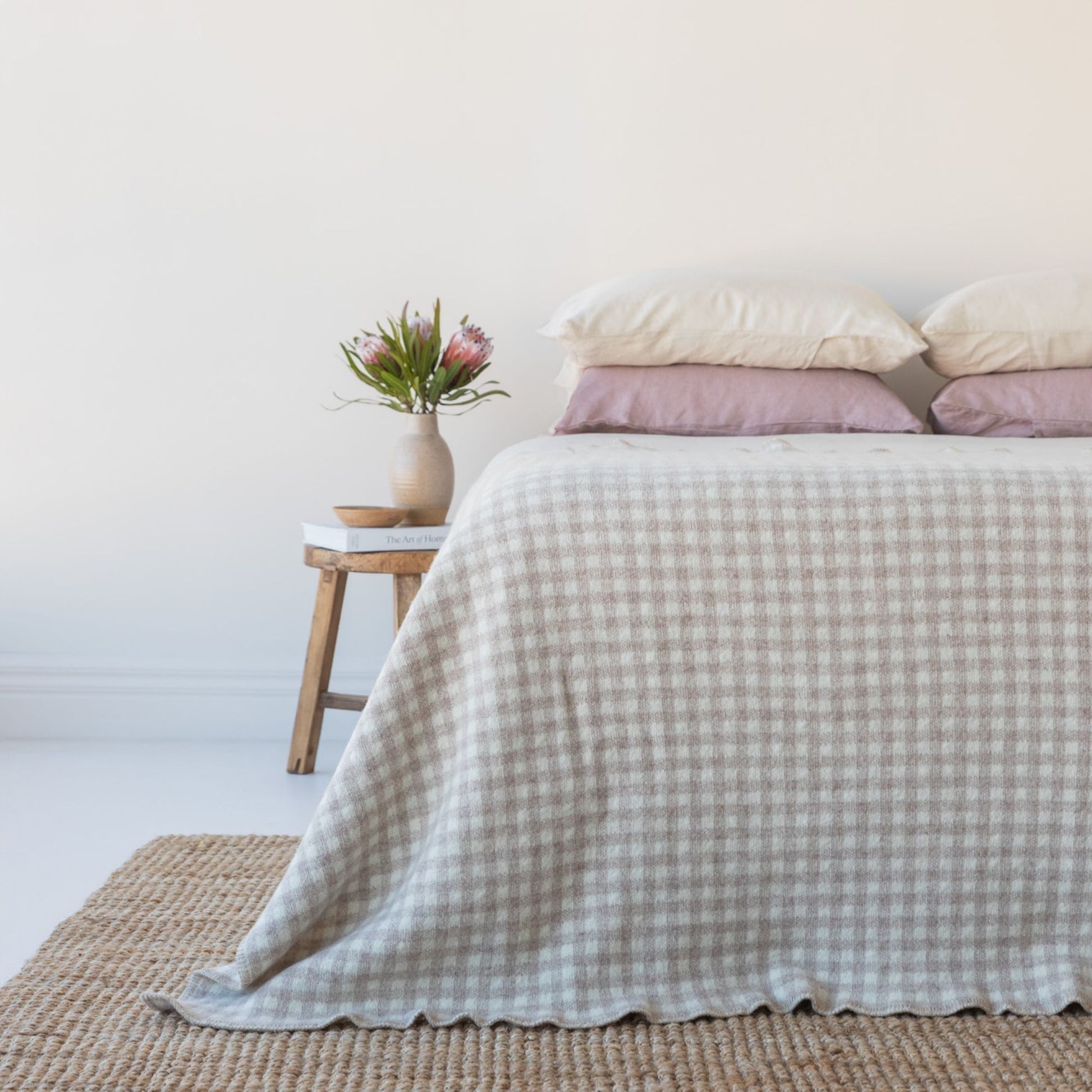 Sand Gingham Wool Throw Blanket