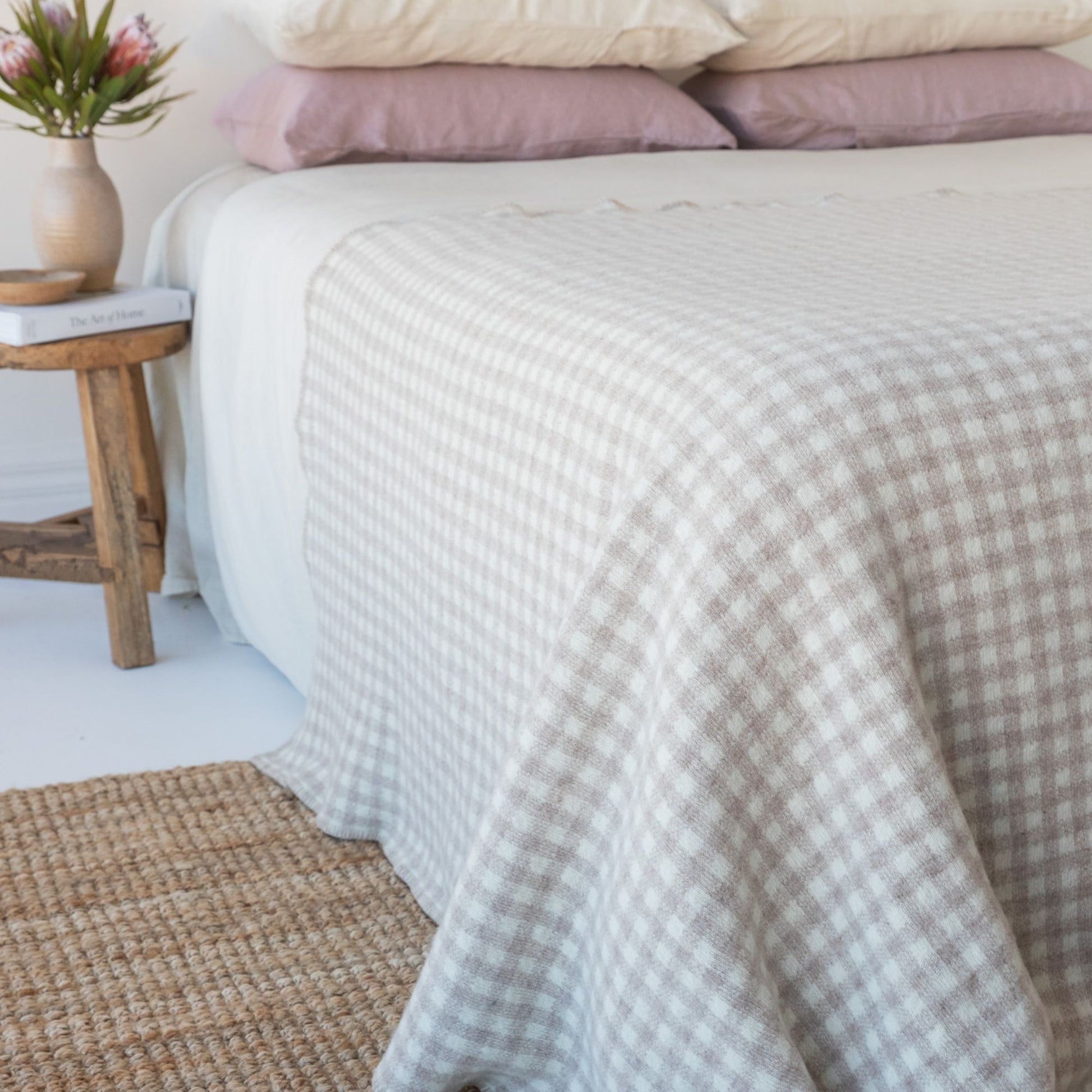 Sand Gingham Wool Throw Blanket