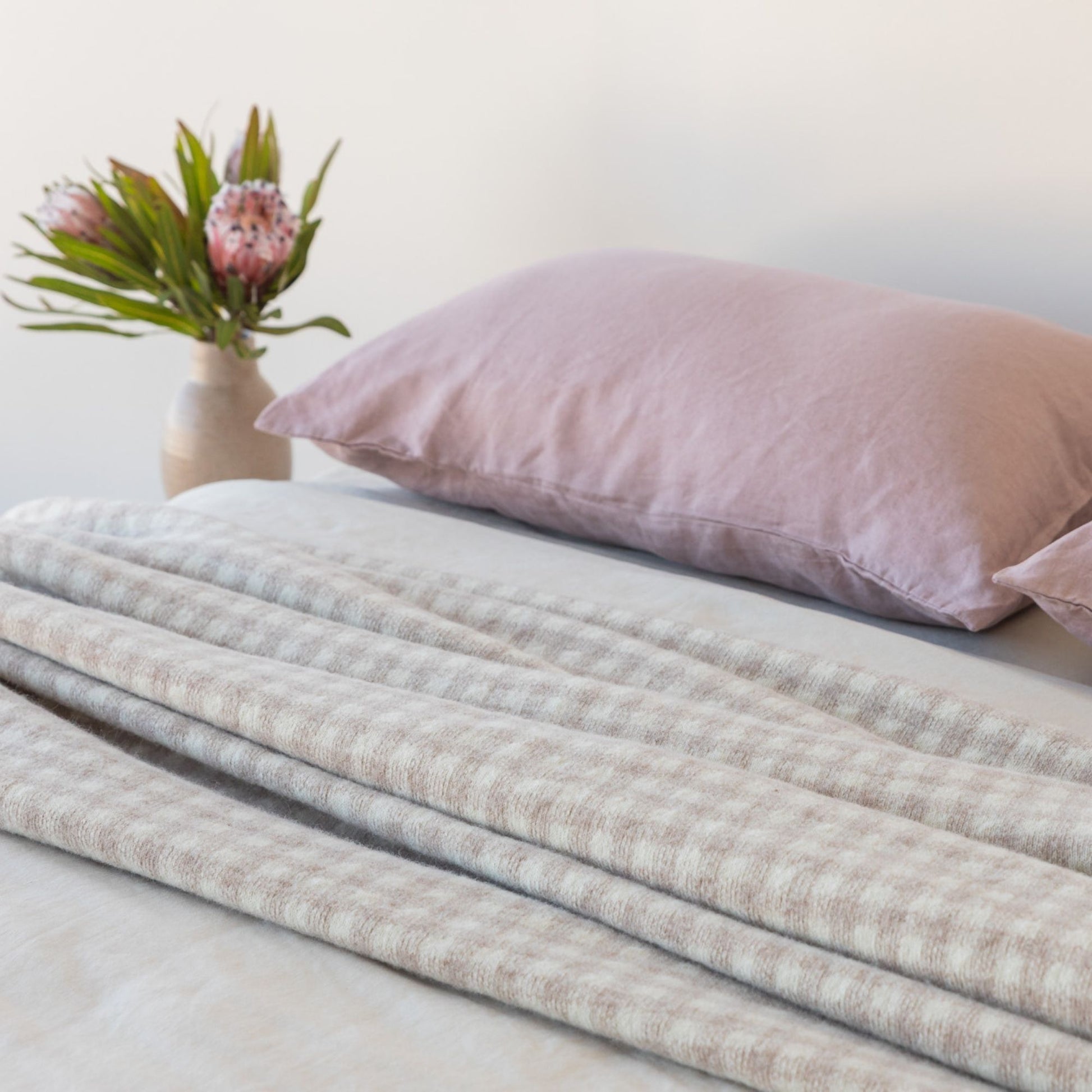 Sand Gingham Wool Throw Blanket