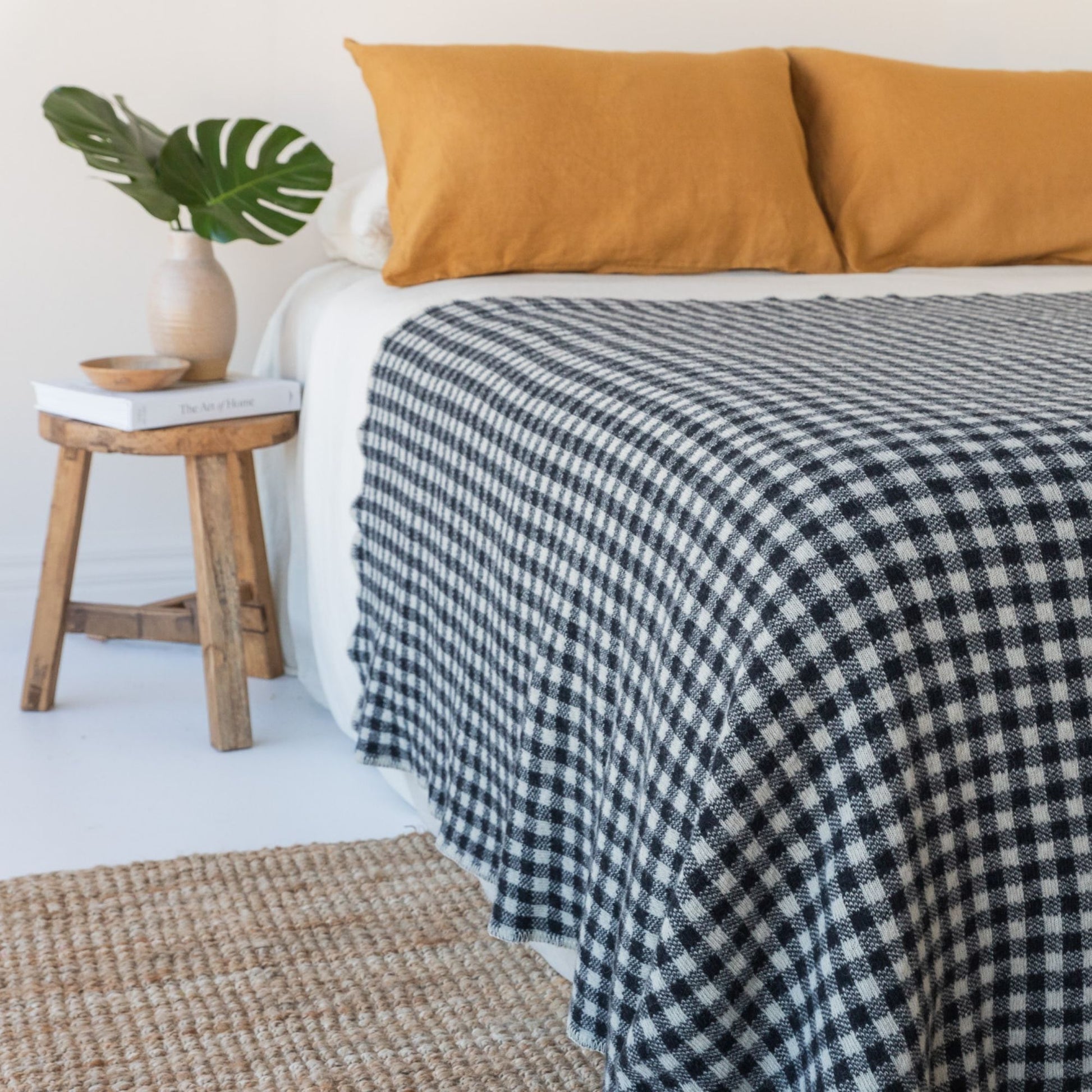 Black Gingham Wool Throw Blanket