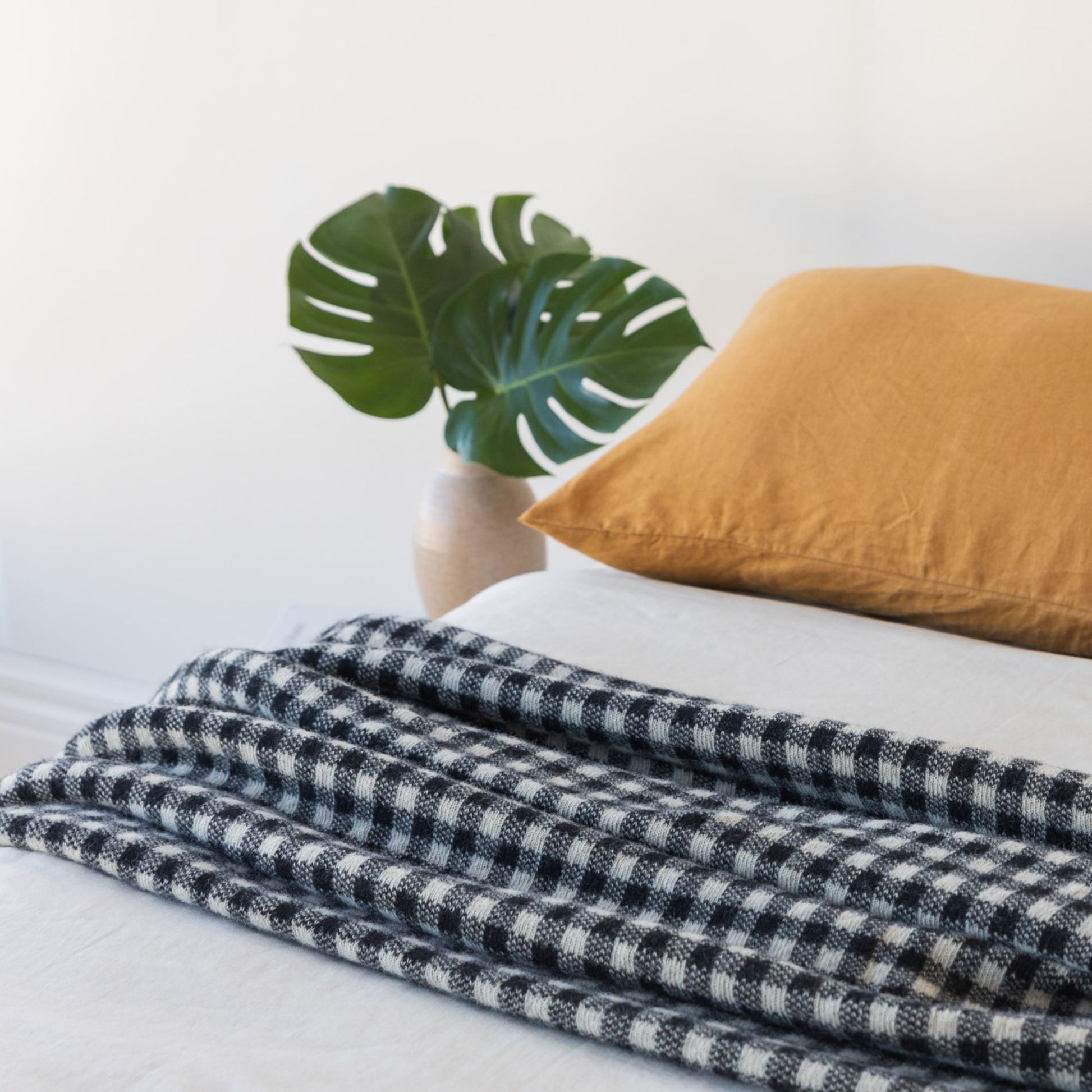 Black Gingham Wool Throw Blanket