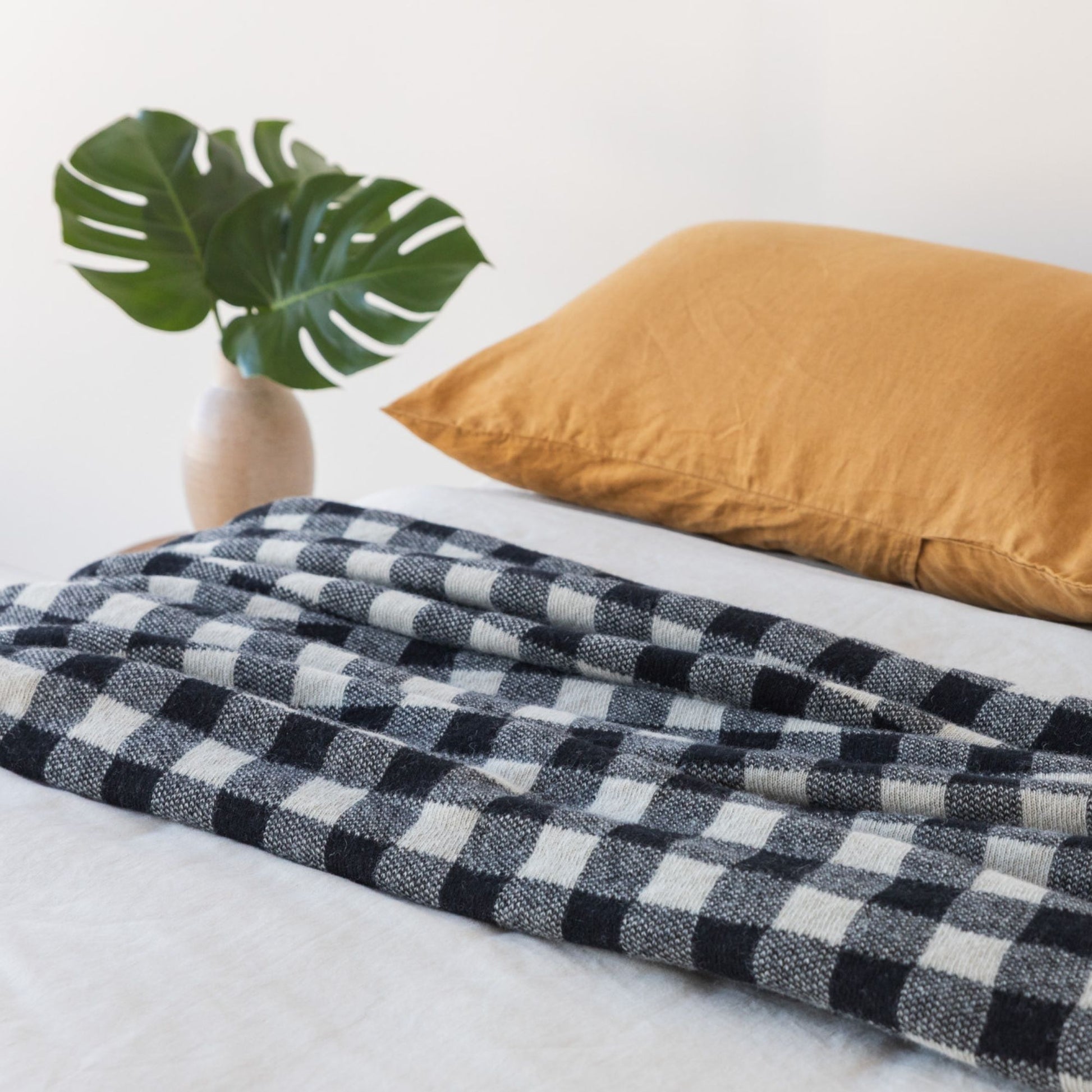 Black Checks Wool Throw Blanket