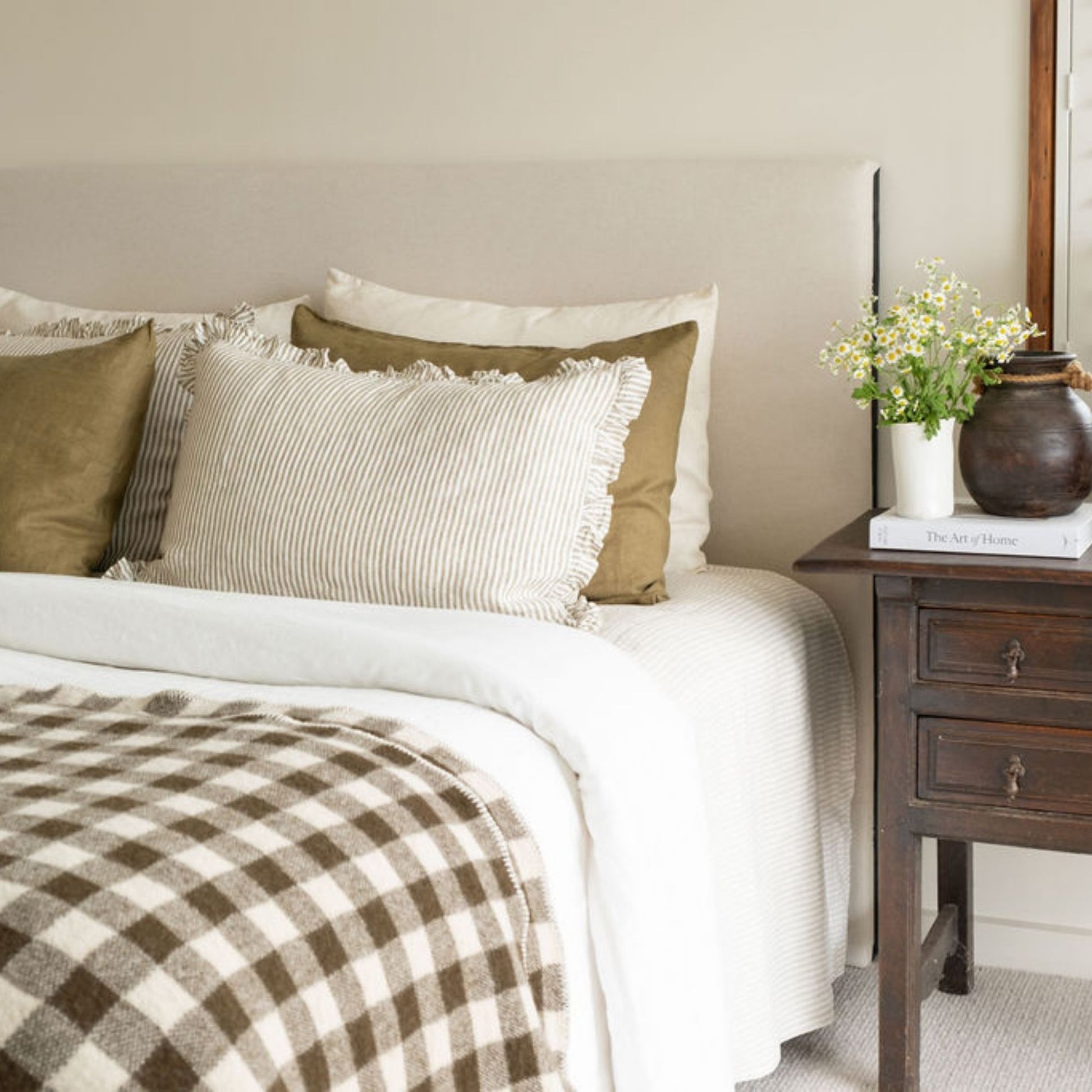 Olive Green Checks Wool Throw Blanket