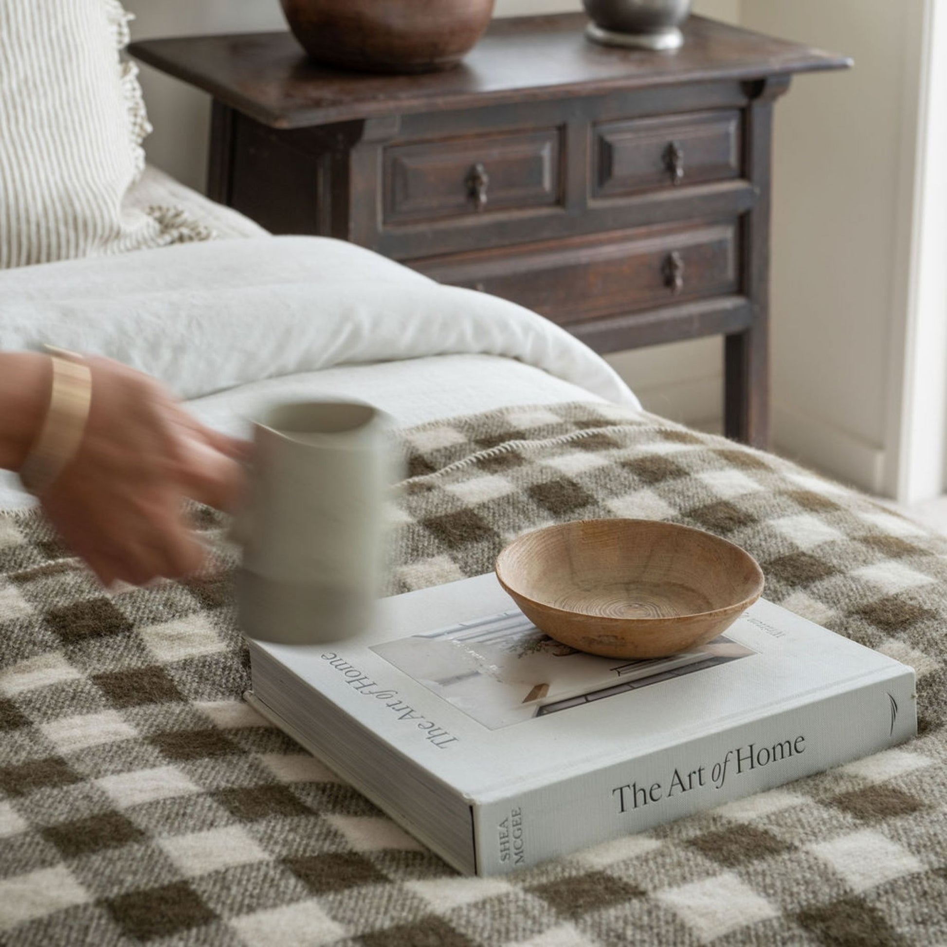 Olive Green Checks Wool Throw Blanket