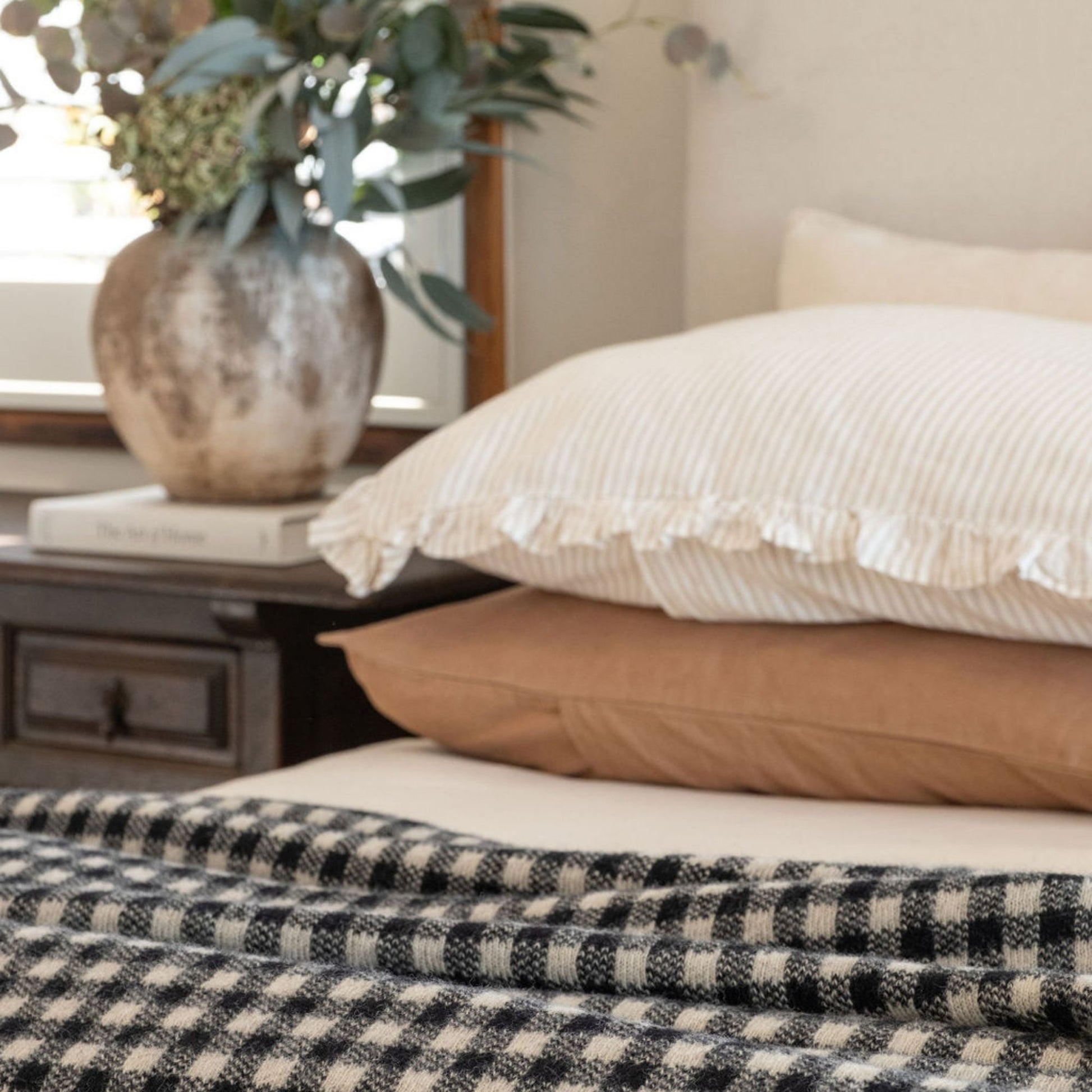 Black Gingham Wool Throw Blanket