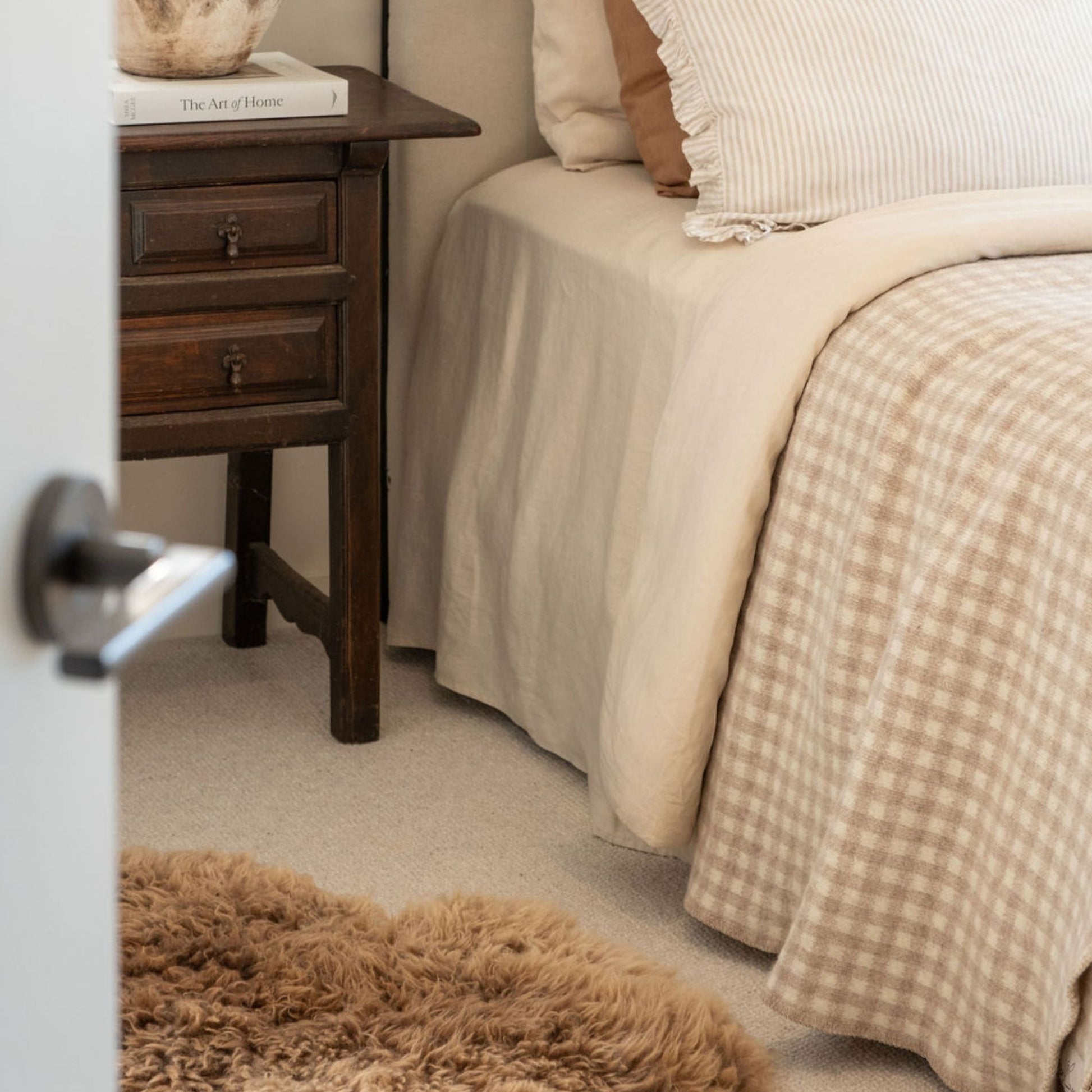 Sand Gingham Wool Throw Blanket