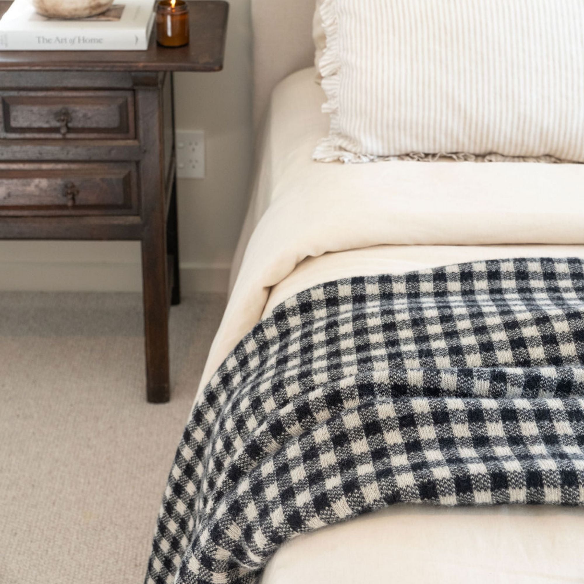 Black Gingham Wool Throw Blanket