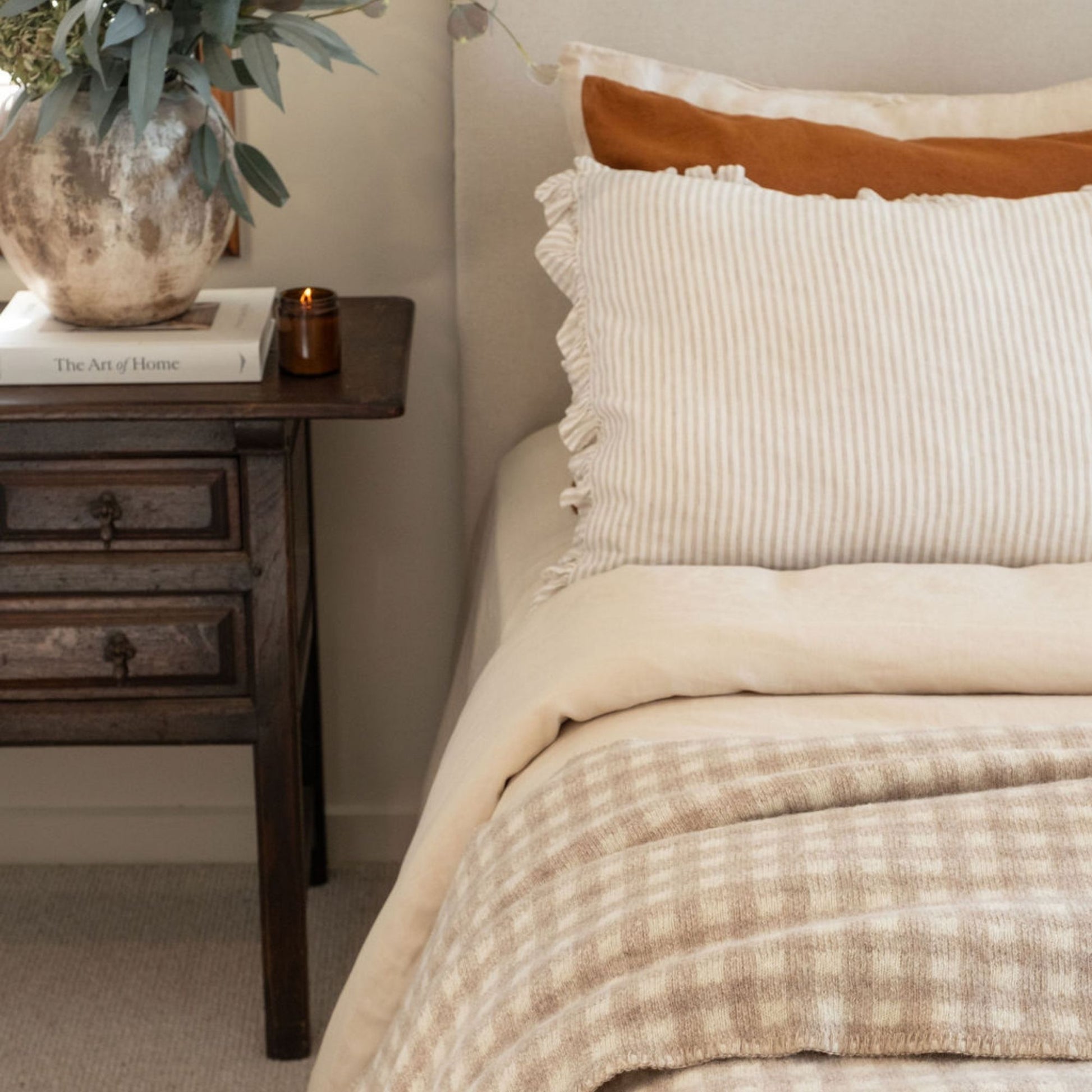 Sand Gingham Wool Throw Blanket