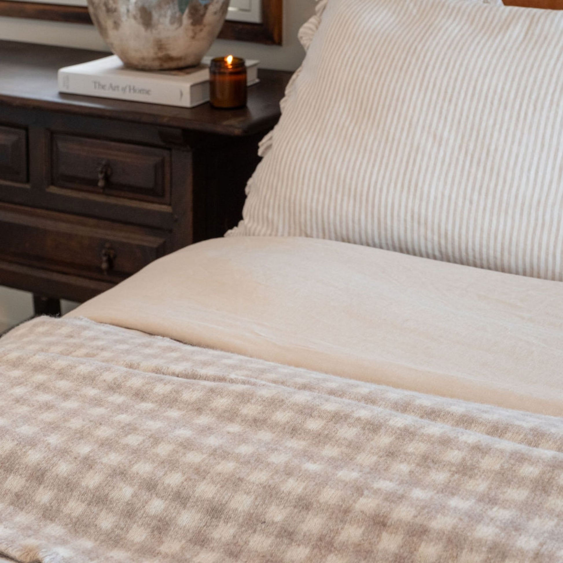 Sand Gingham Wool Throw Blanket