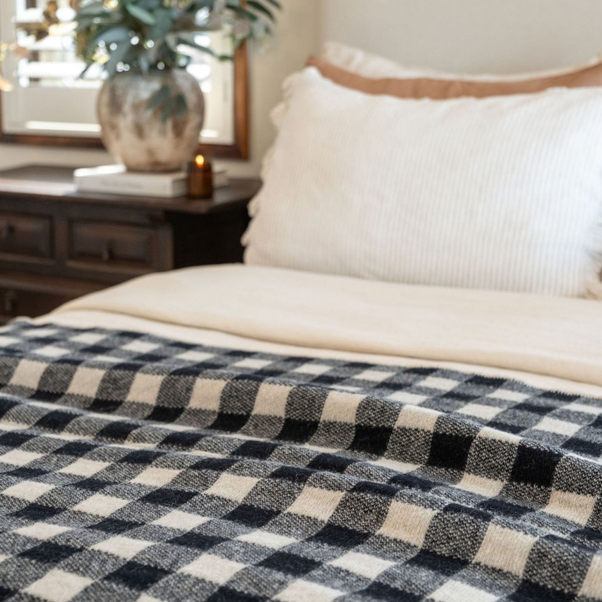 Black Checks Wool Throw Blanket