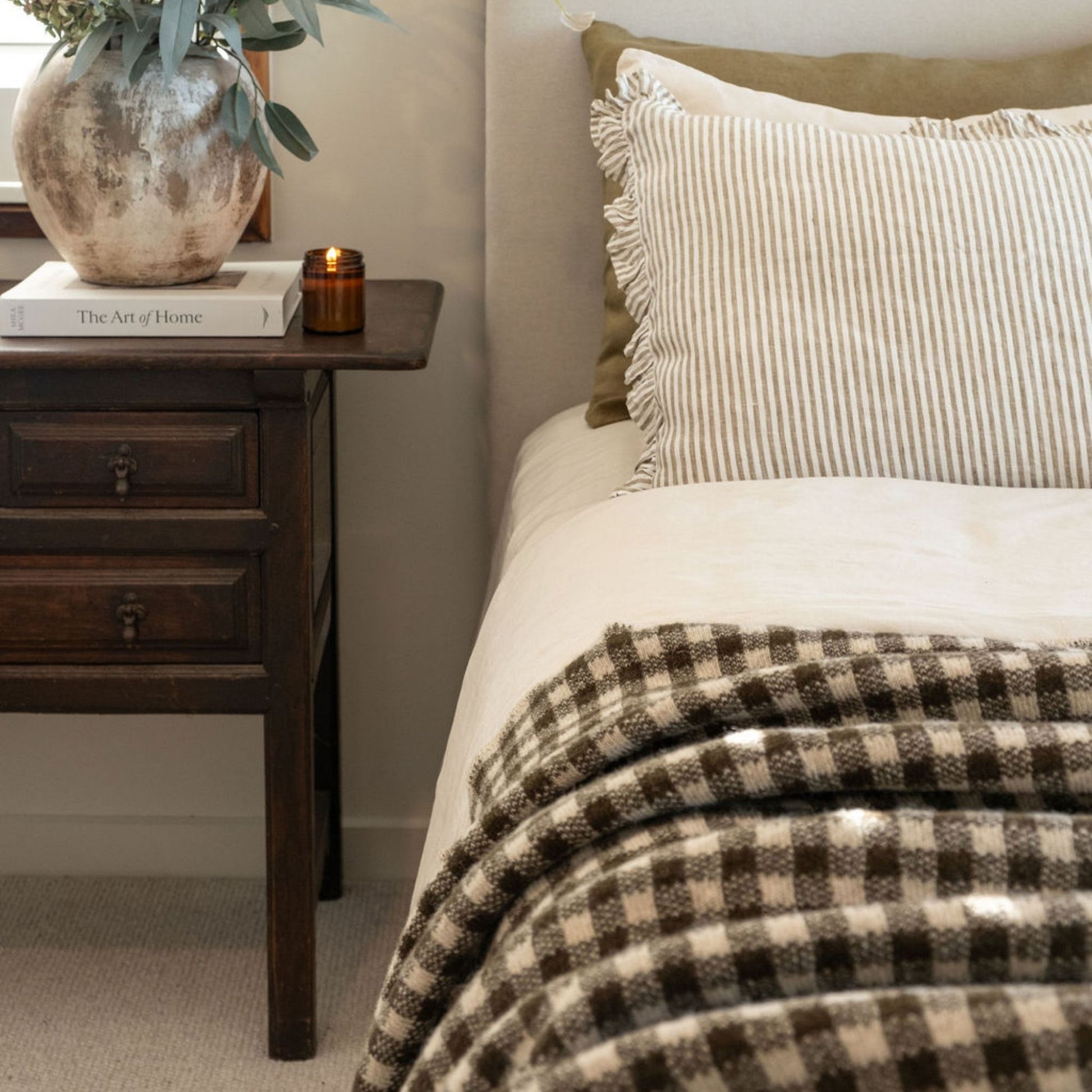 Olive Green Gingham Wool Throw Blanket