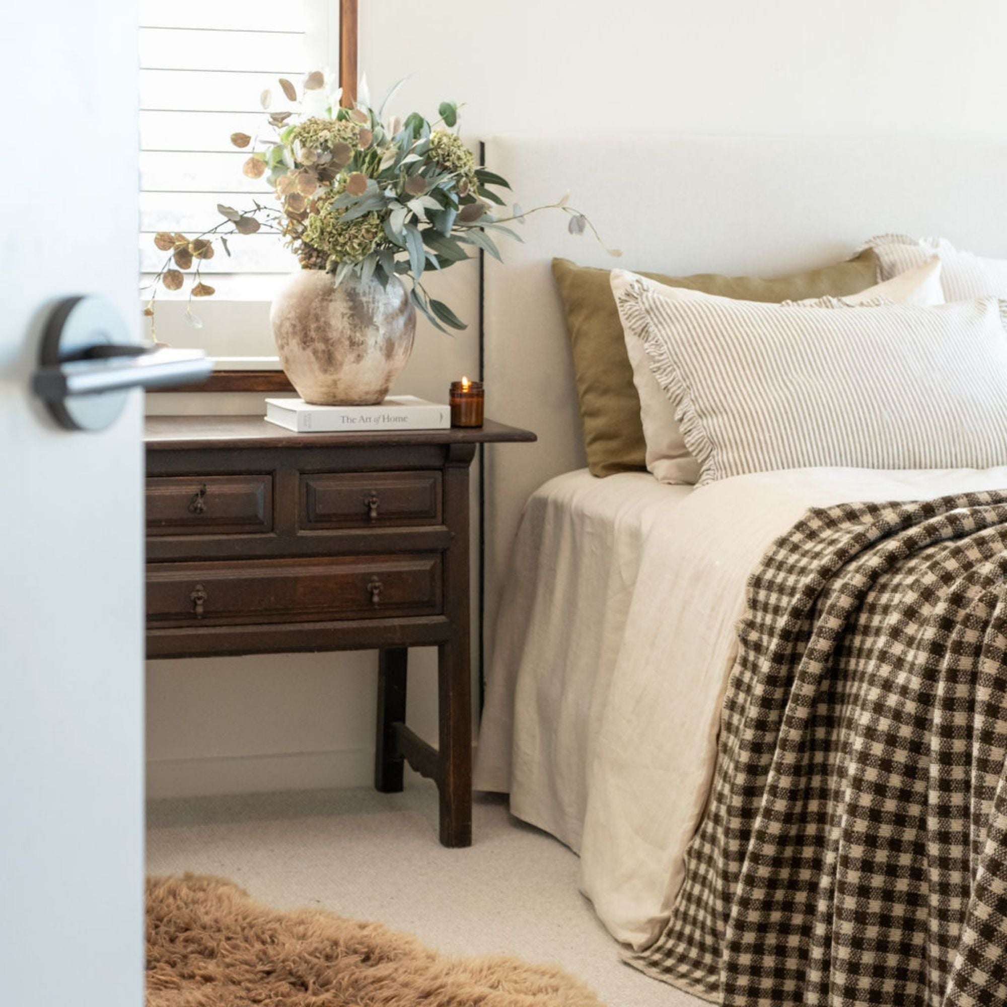 Olive Green Gingham Wool Throw Blanket