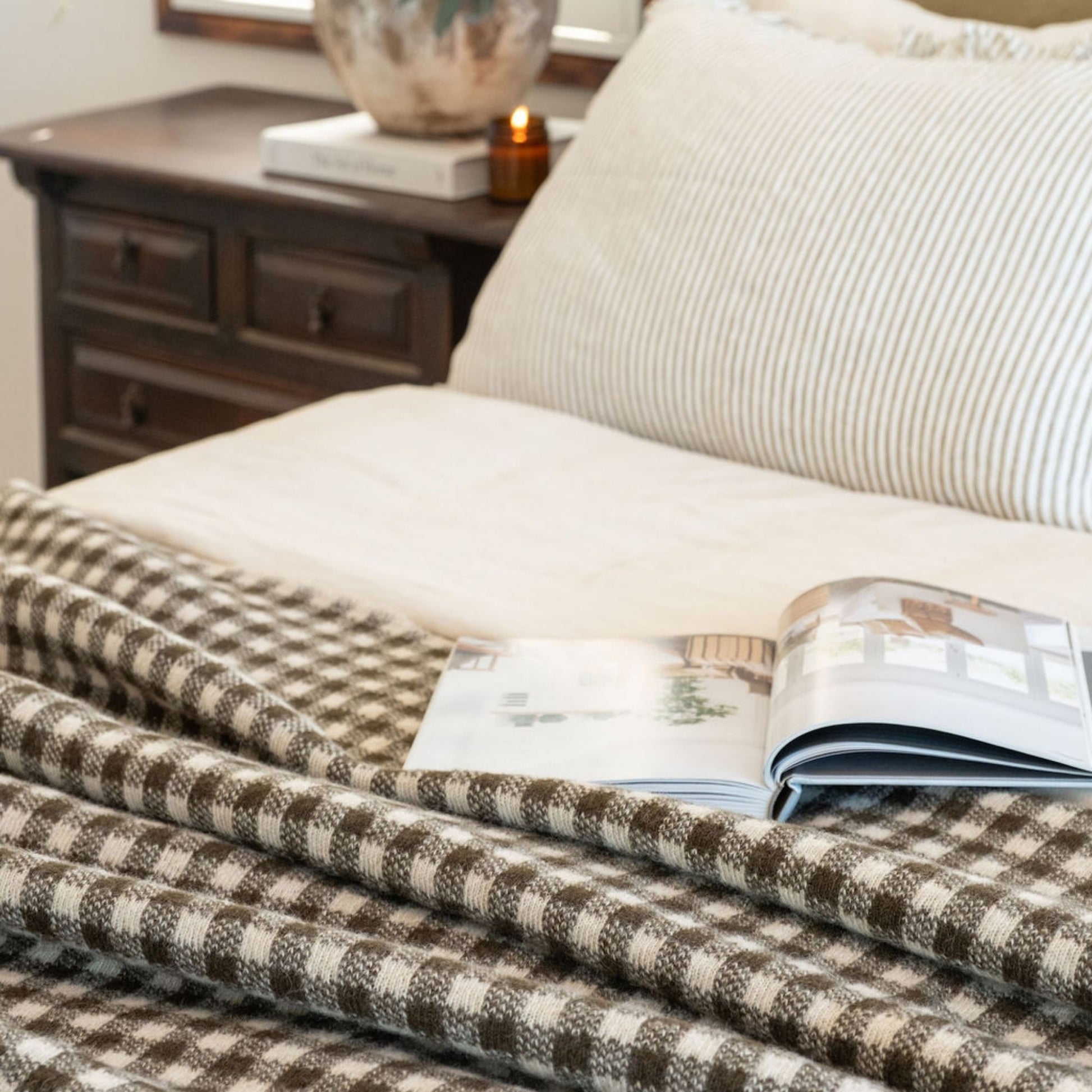 Olive Green Gingham Wool Throw Blanket
