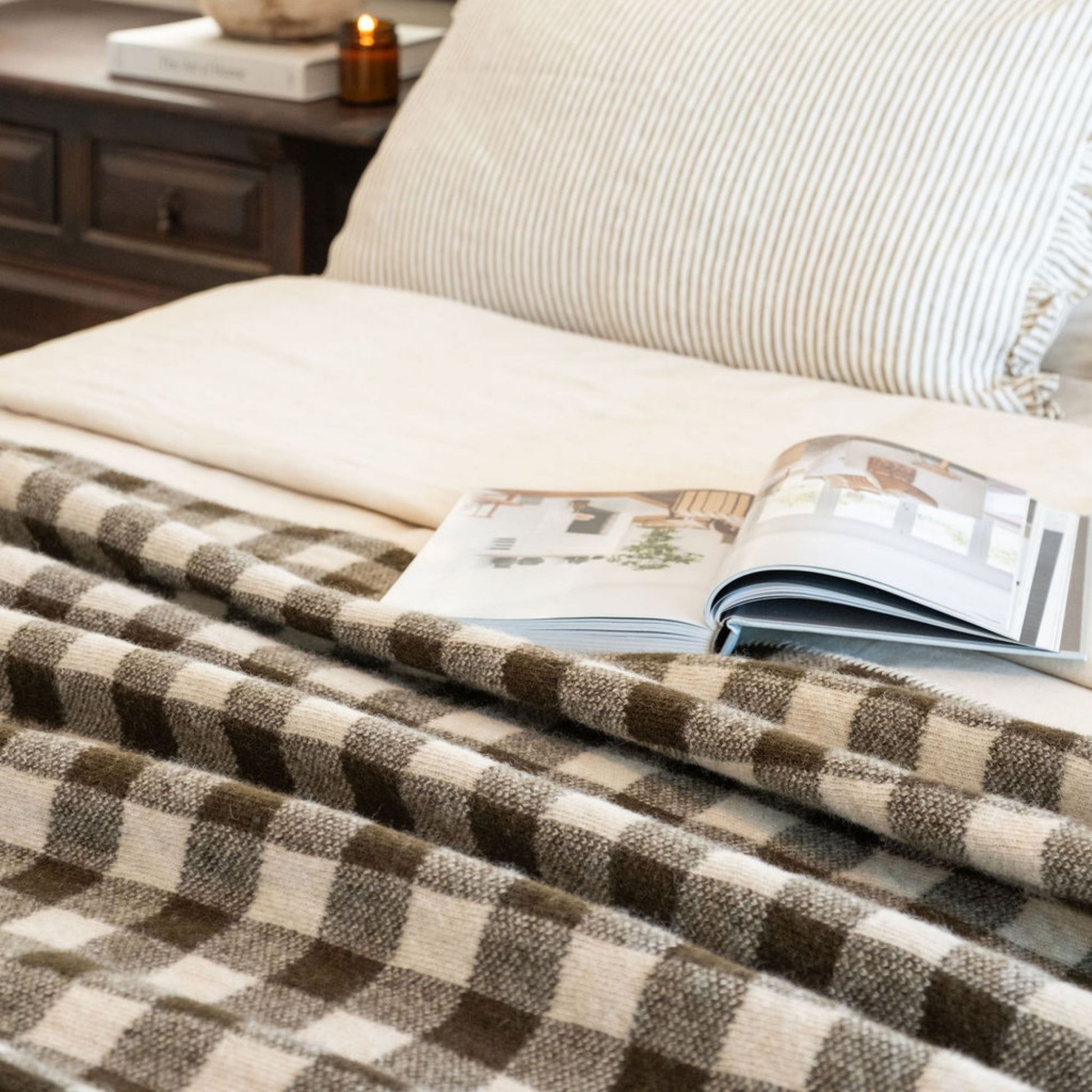 Olive Green Checks Wool Throw Blanket