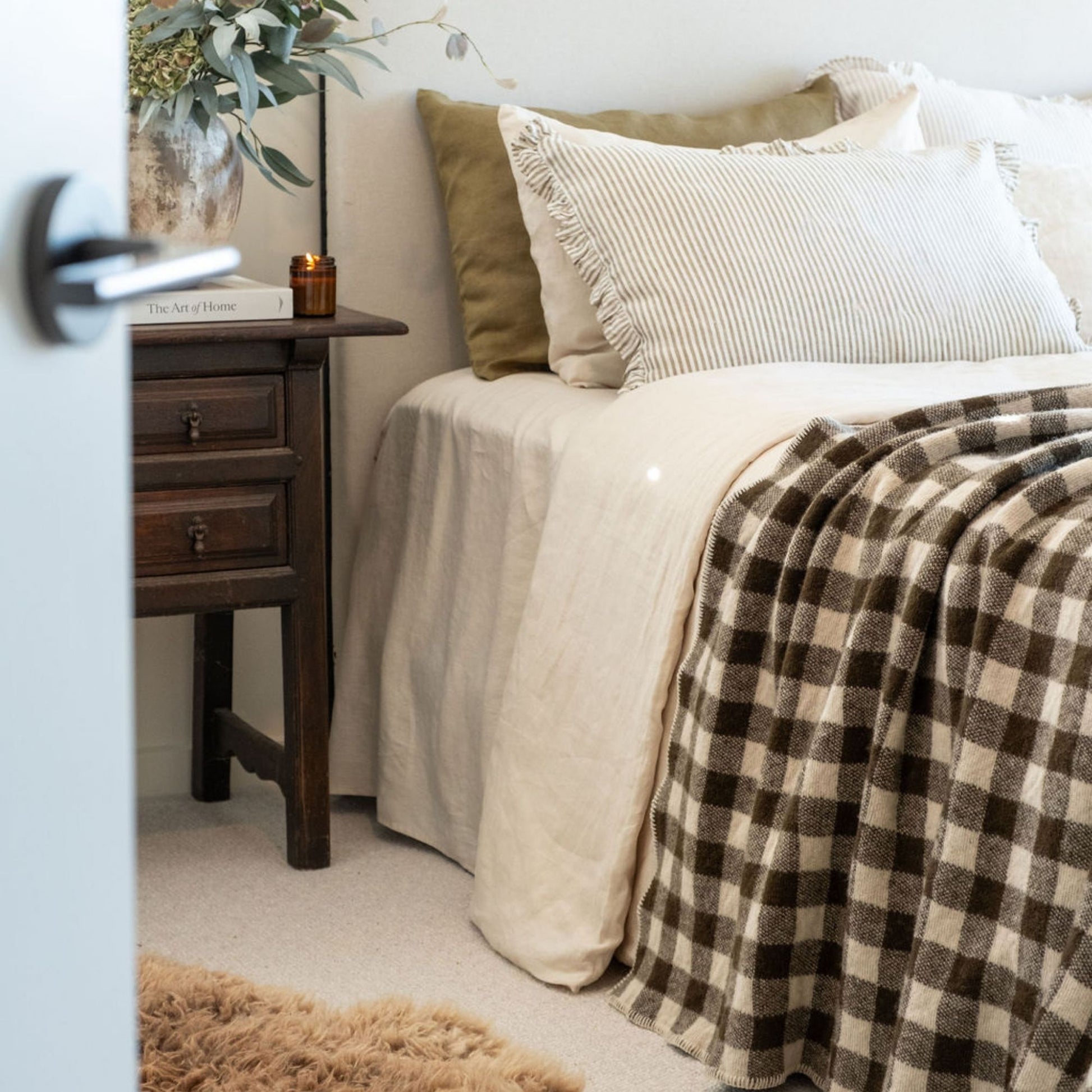 Olive Green Checks Wool Throw Blanket