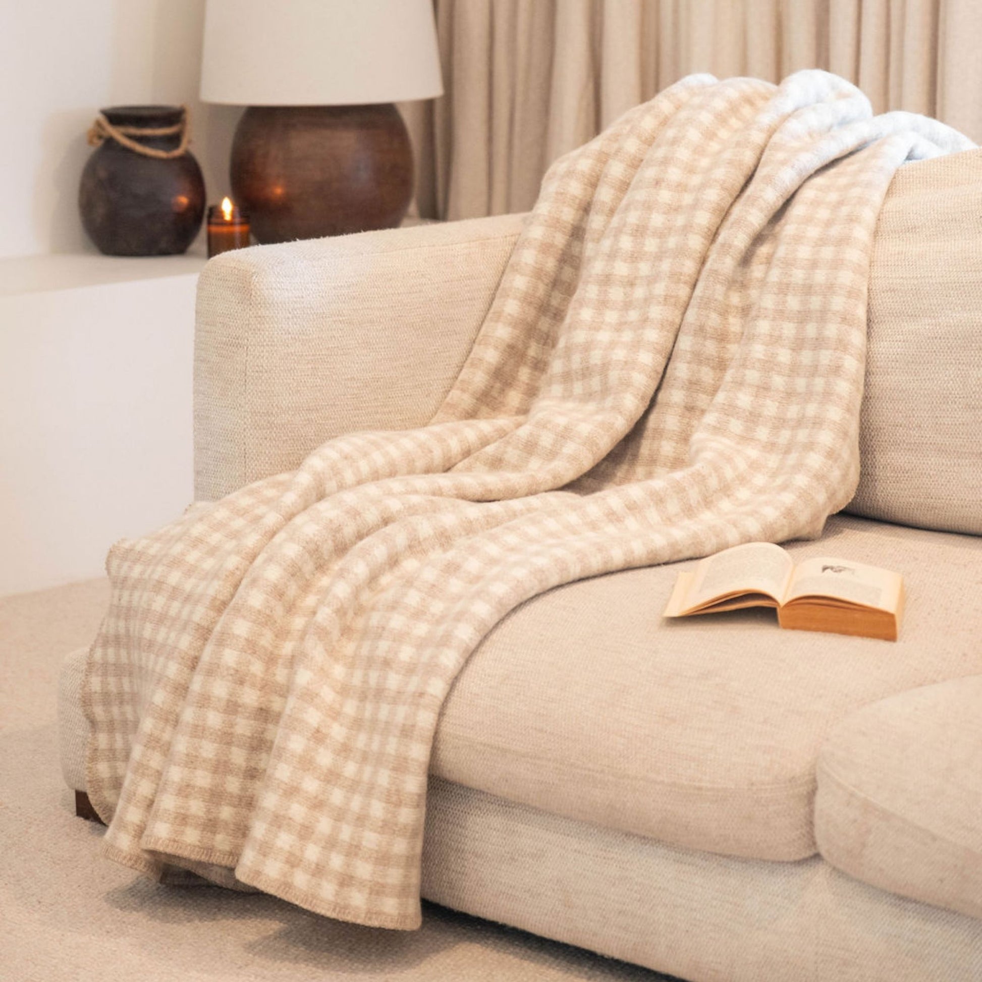 Sand Gingham Wool Throw Blanket