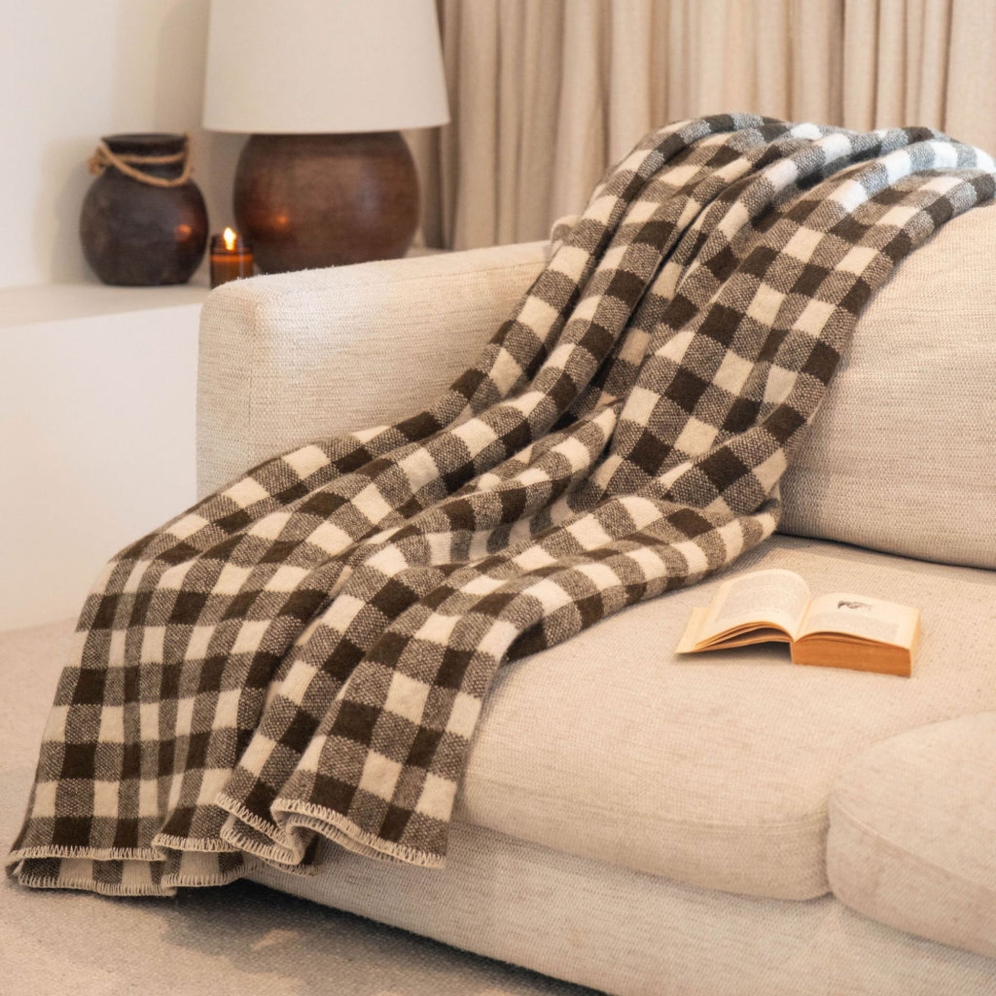 Olive Green Checks Wool Throw Blanket
