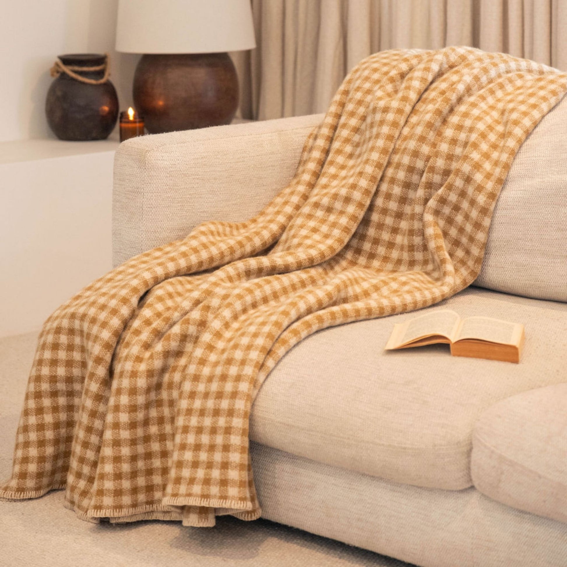 Ginger Honey Gingham Wool Throw Blanket