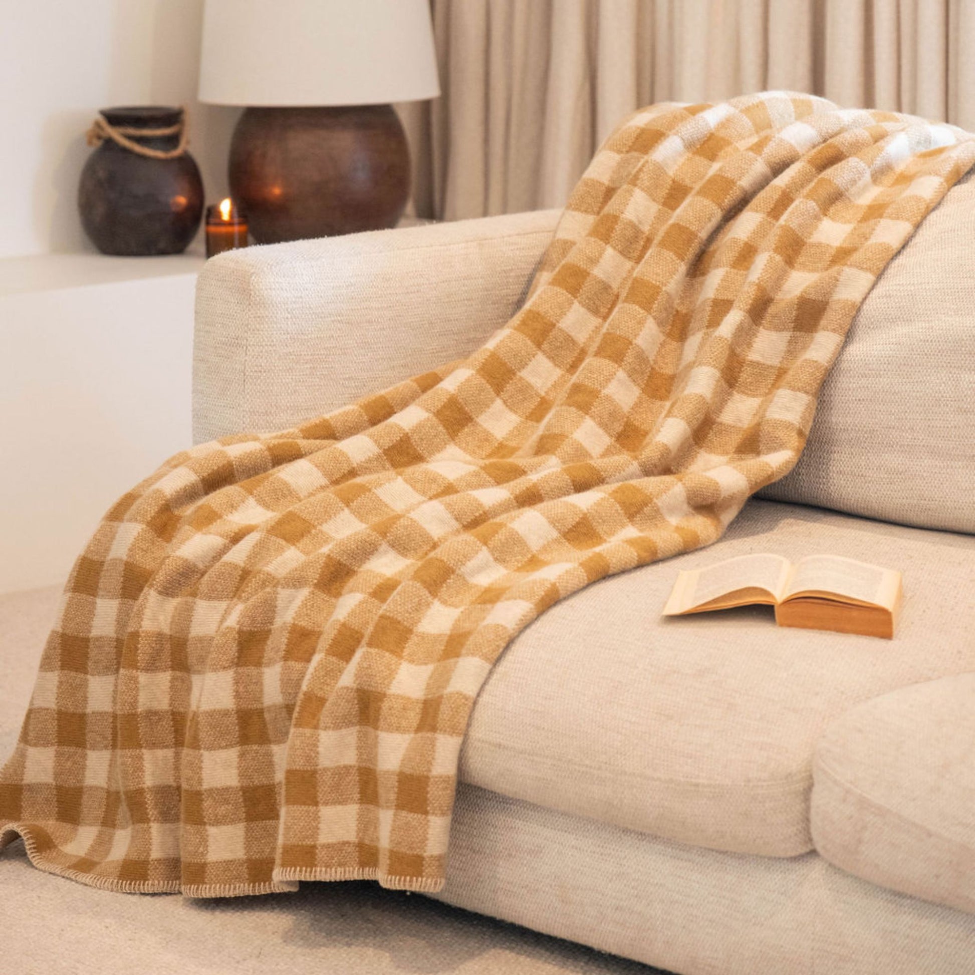 Ginger Honey Checks Wool Throw Blanket