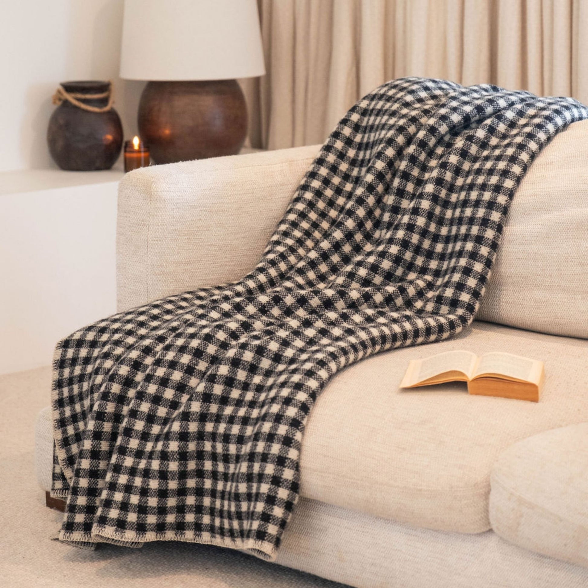 Black Gingham Wool Throw Blanket