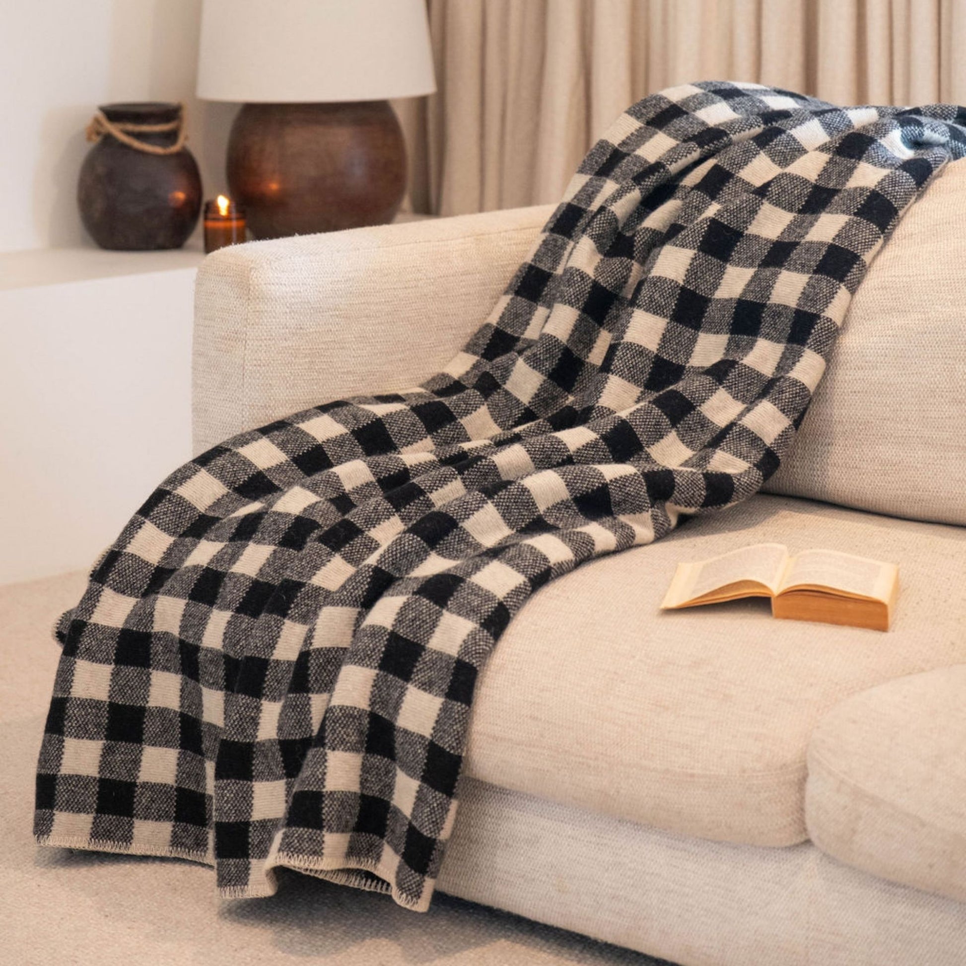 Black Checks Wool Throw Blanket