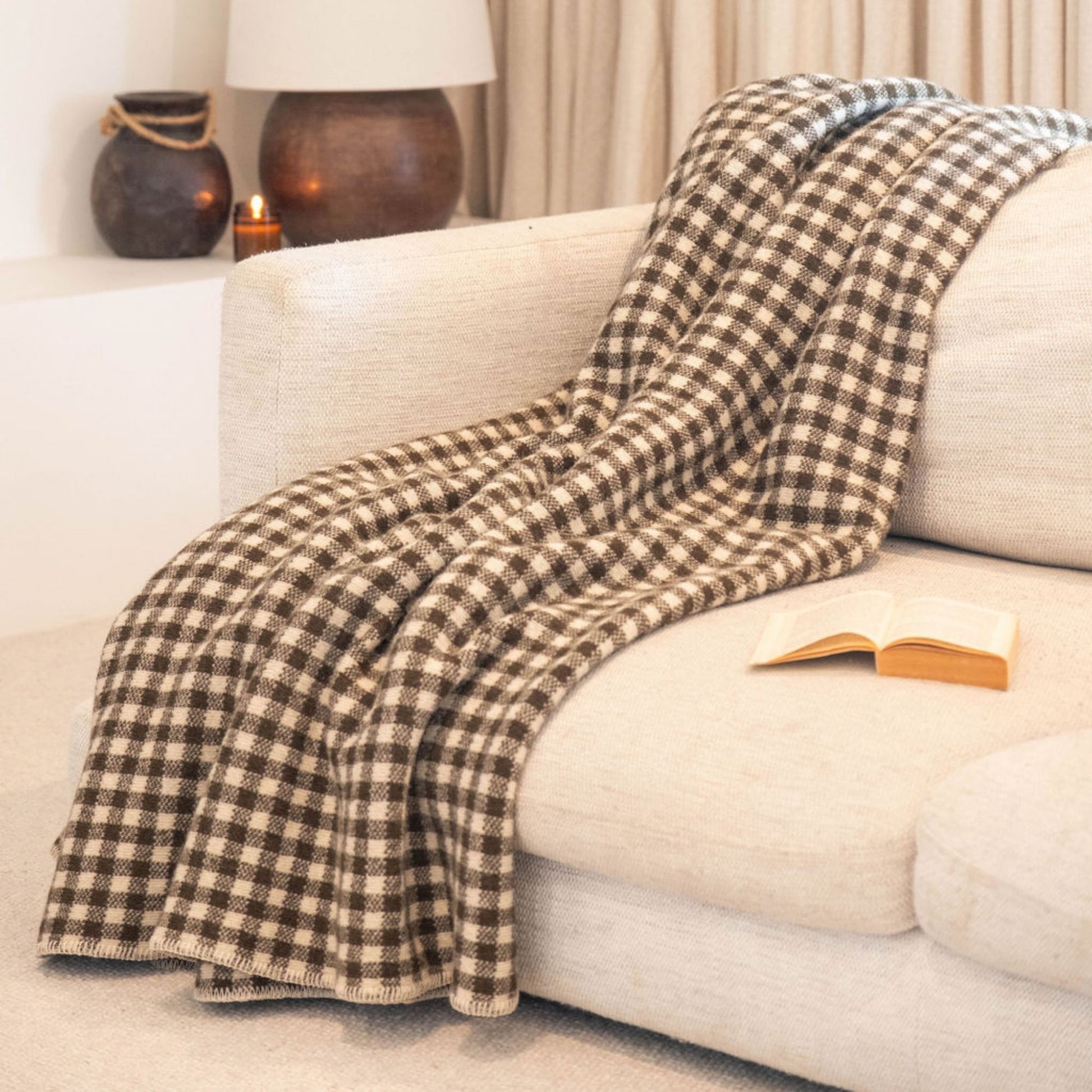 Olive Green Gingham Wool Throw Blanket