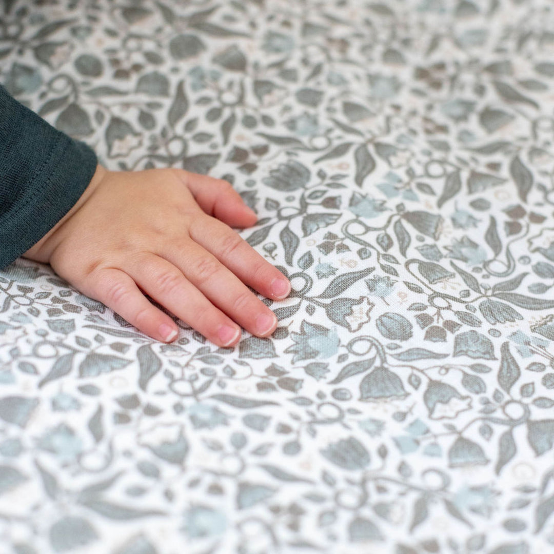 Pure French Flax Baby Sheets in vintage floral print Evelyn.  A whimsical pattern for Spring.  Discover Foxtrot Home’s natural, ethically produced bedding for relaxed styling.