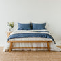 Foxtrot Home French Flax Linen Coastal Blue Quilt with Coastal Blue Stripes on reverse