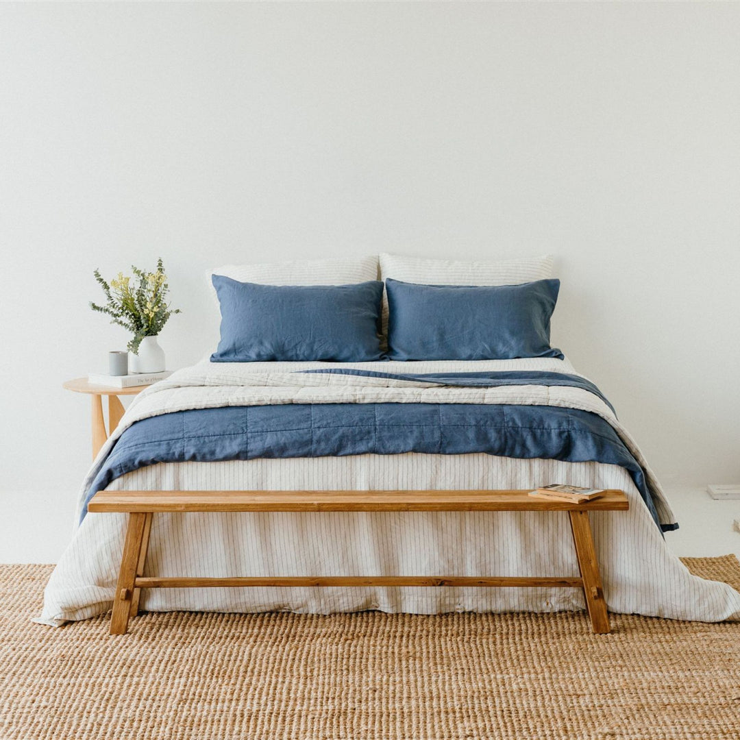 Foxtrot Home French Flax Linen styled in a bedroom with Coastal Blue Stripes Duvet